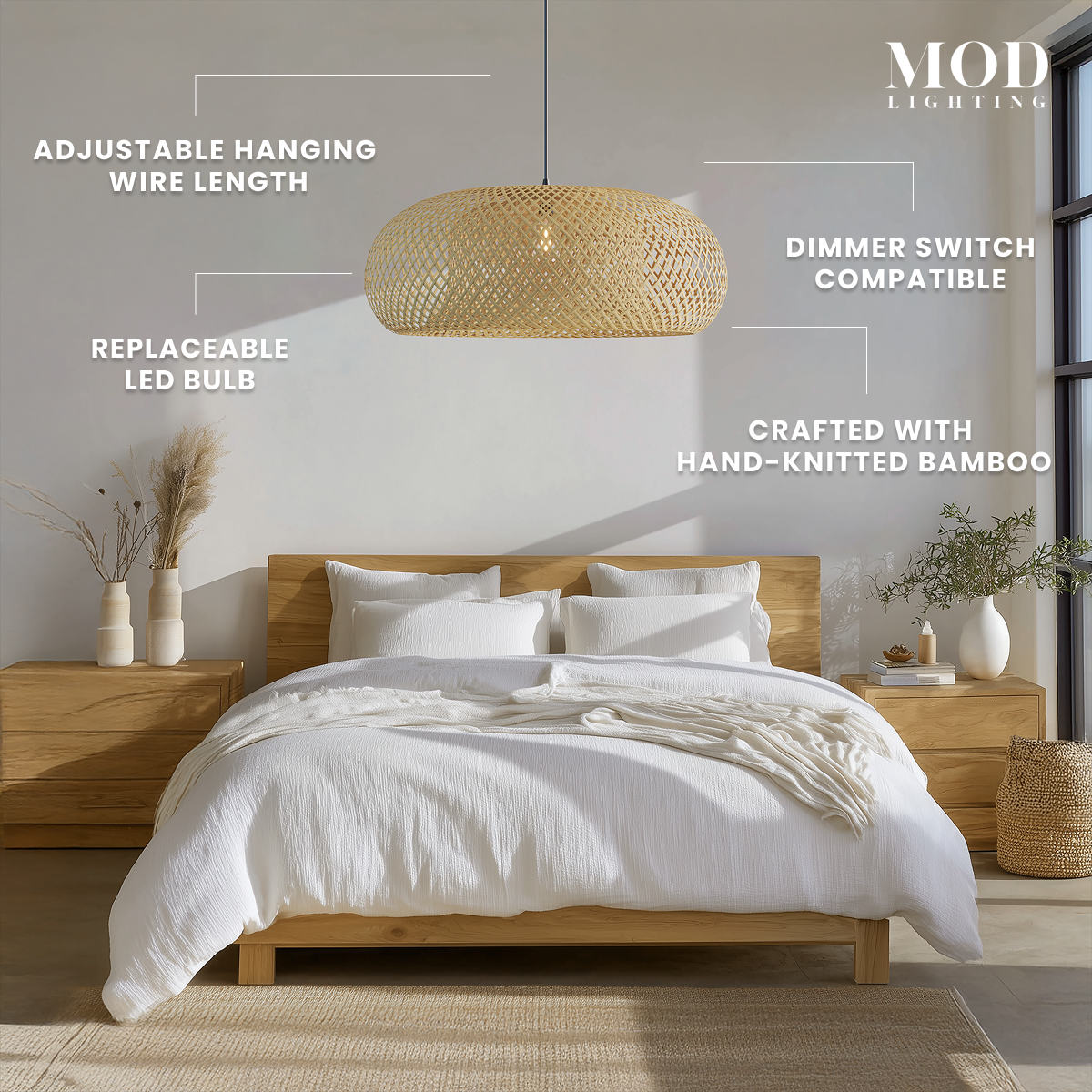Amara natural bamboo dome pendant, rounded woven disc form, hanging over a bed in a bright bedroom