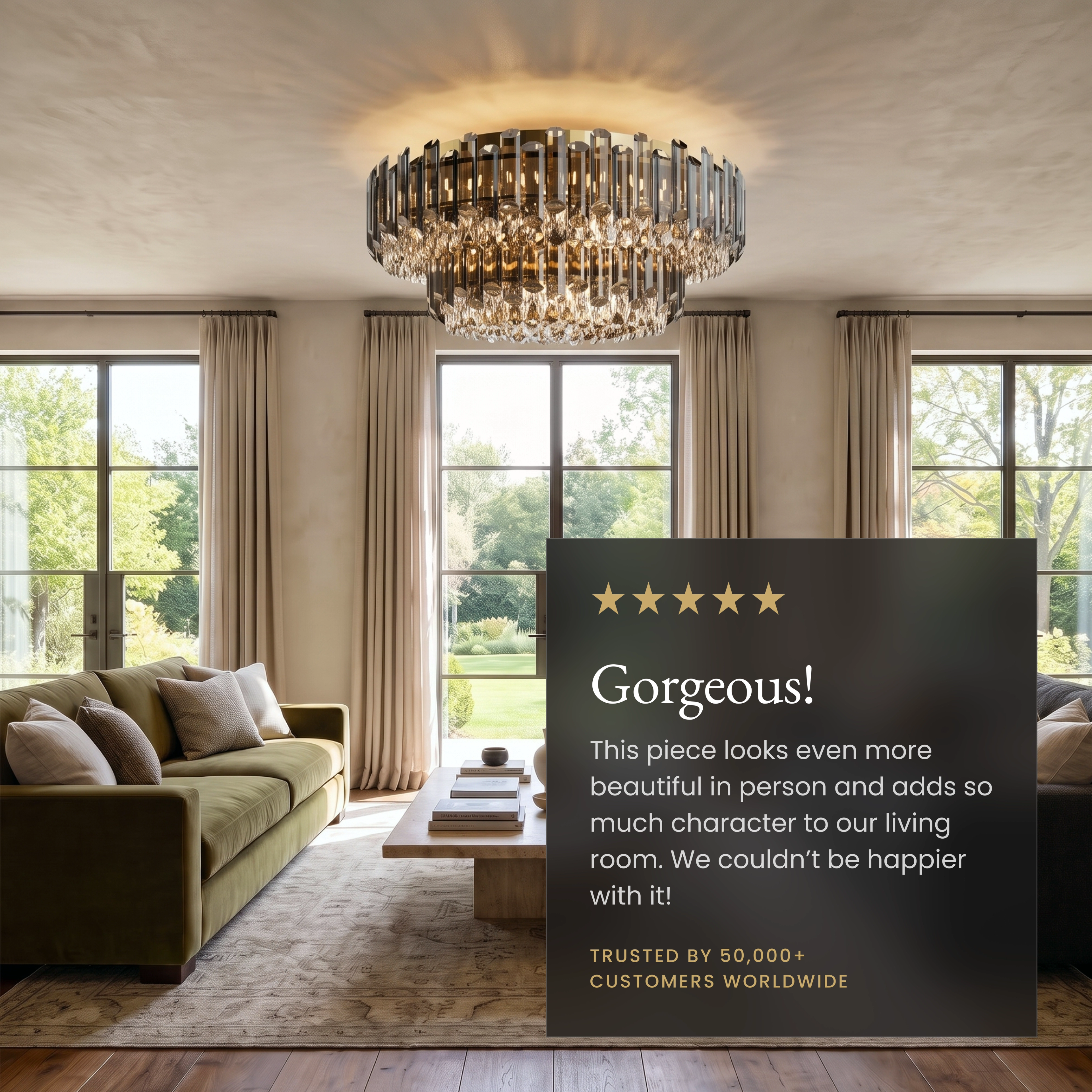 Arina round crystal flush-mount ceiling light in a living room, noting K9 crystals and dimmer support