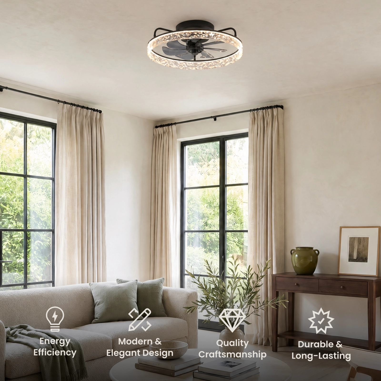 Ventara ceiling fan light, round LED fixture with crystal-trimmed frame and enclosed fan blades