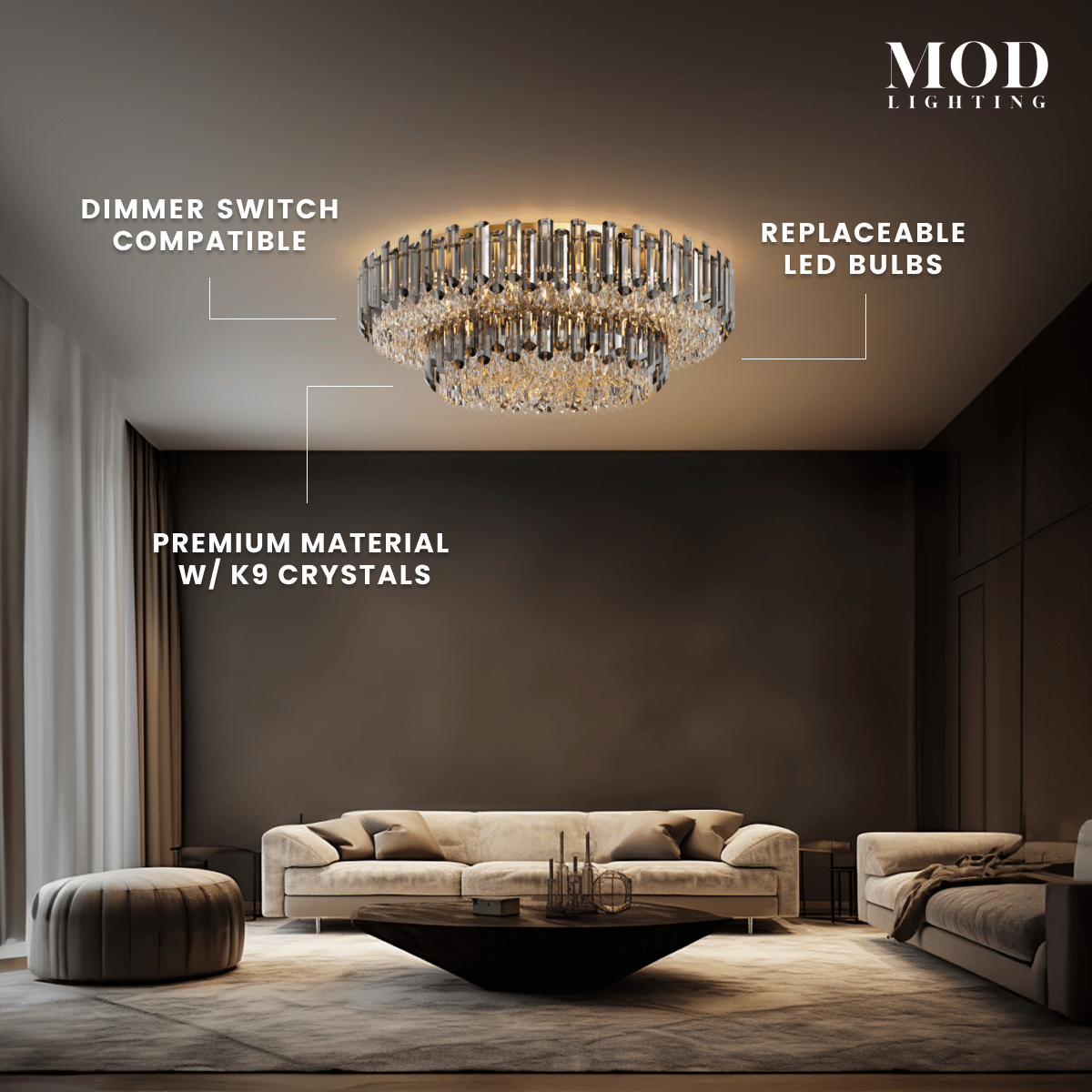 Arina round crystal flush-mount ceiling light in a living room, noting K9 crystals and dimmer support