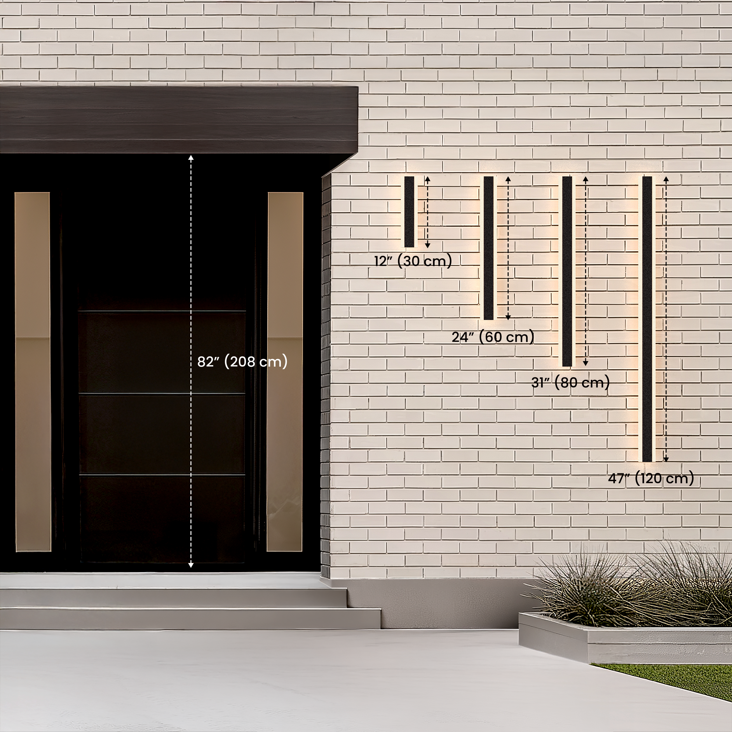 Haylen linear LED wall light size diagram: 12, 24, 31 and 47 in lengths against a door