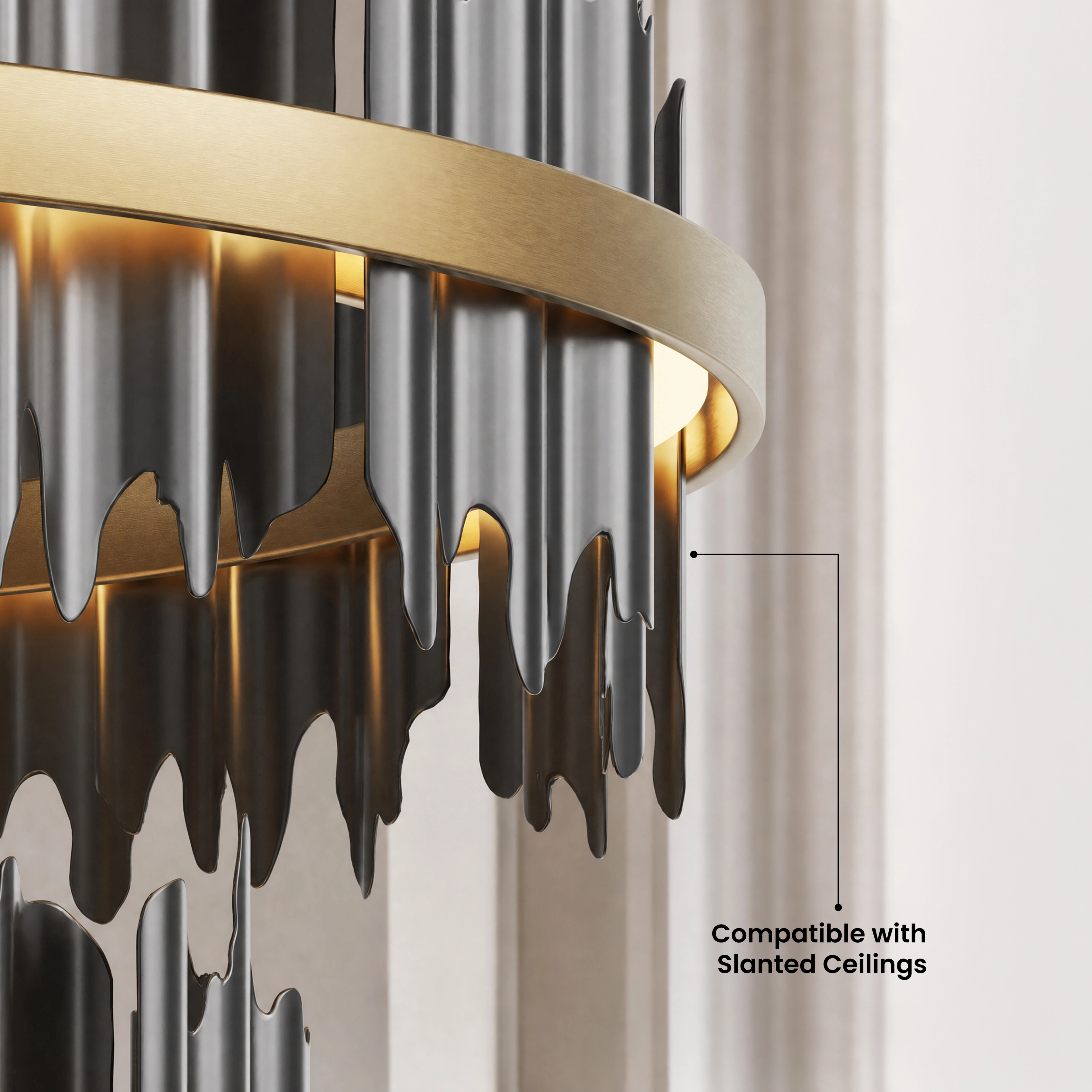 Close-up of the Aurelius Smart gold ring and black steel spikes, compatible with slanted ceilings