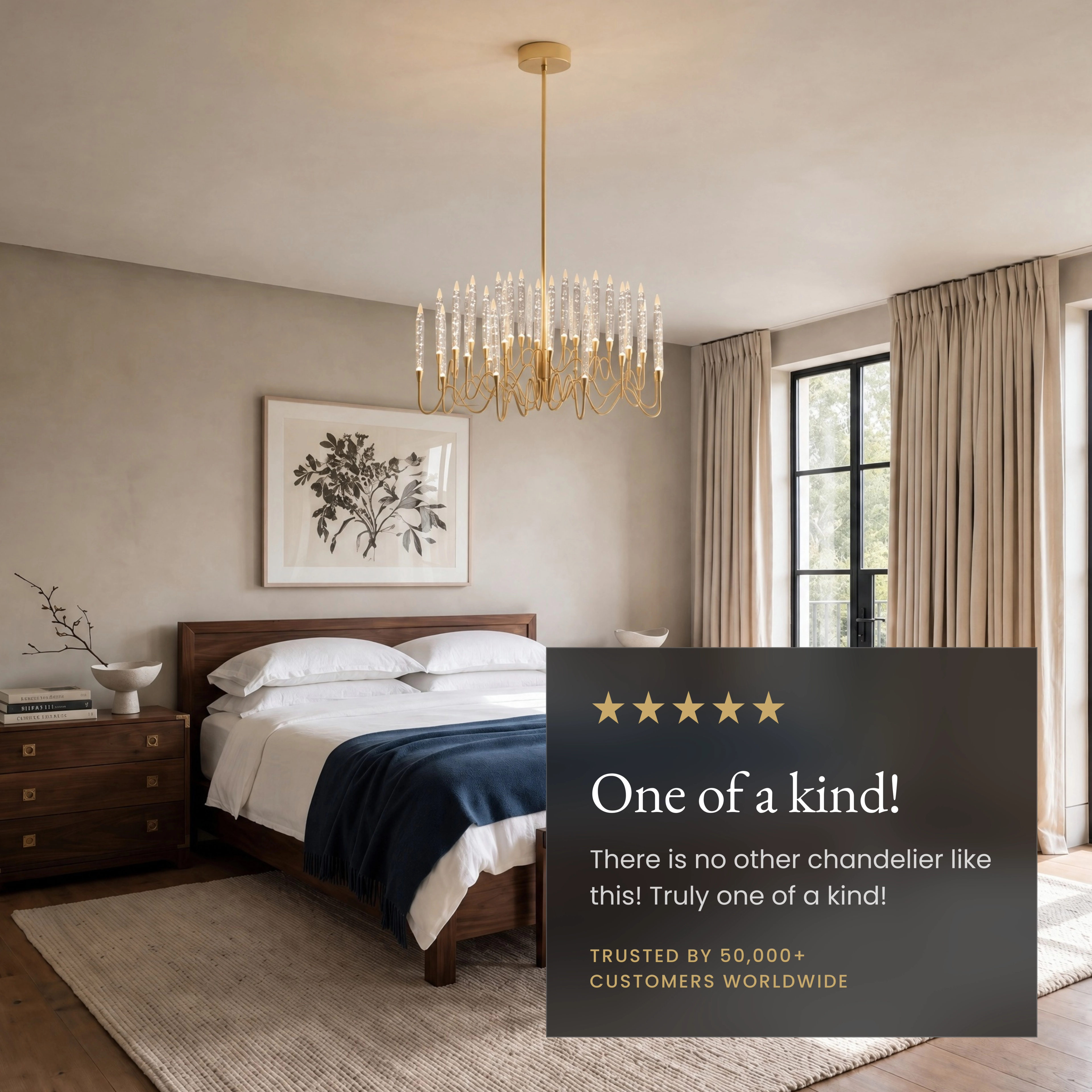 Kanderella gold candle-branch chandelier with crystal tips over a dining table, feature callouts for its parts