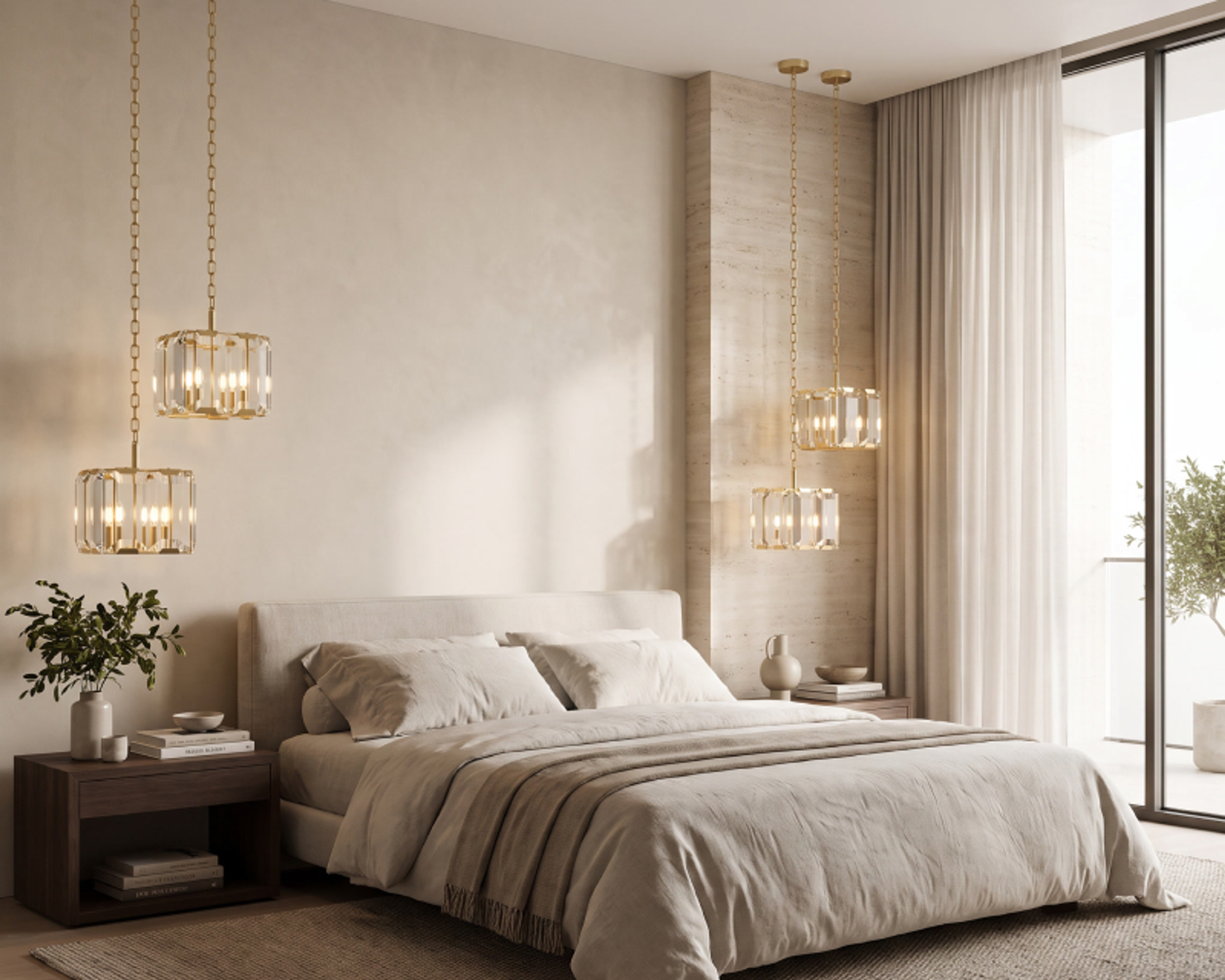 Diana pendant, a brass and glass pendant, beside a bed