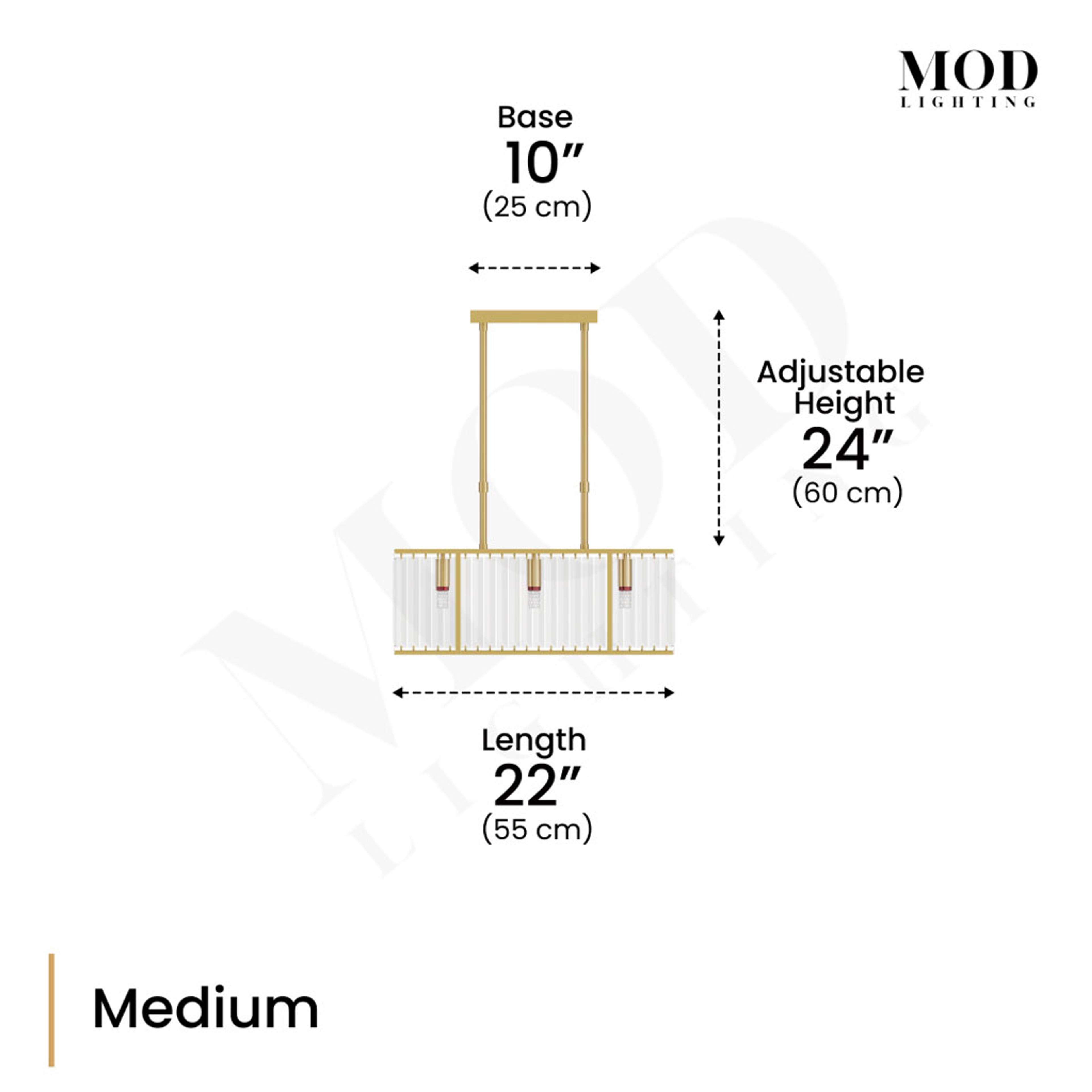 Gabriella gold crystal-bar chandelier, Medium dimension diagram: 22" length, 10" base, 24" adjustable drop
