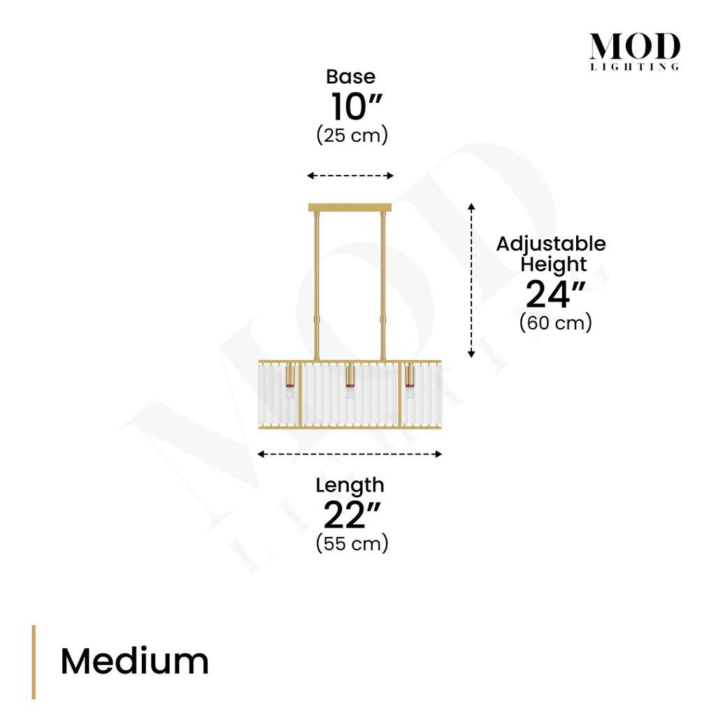 Gabriella gold crystal-bar chandelier, Medium dimension diagram: 22" length, 10" base, 24" adjustable drop