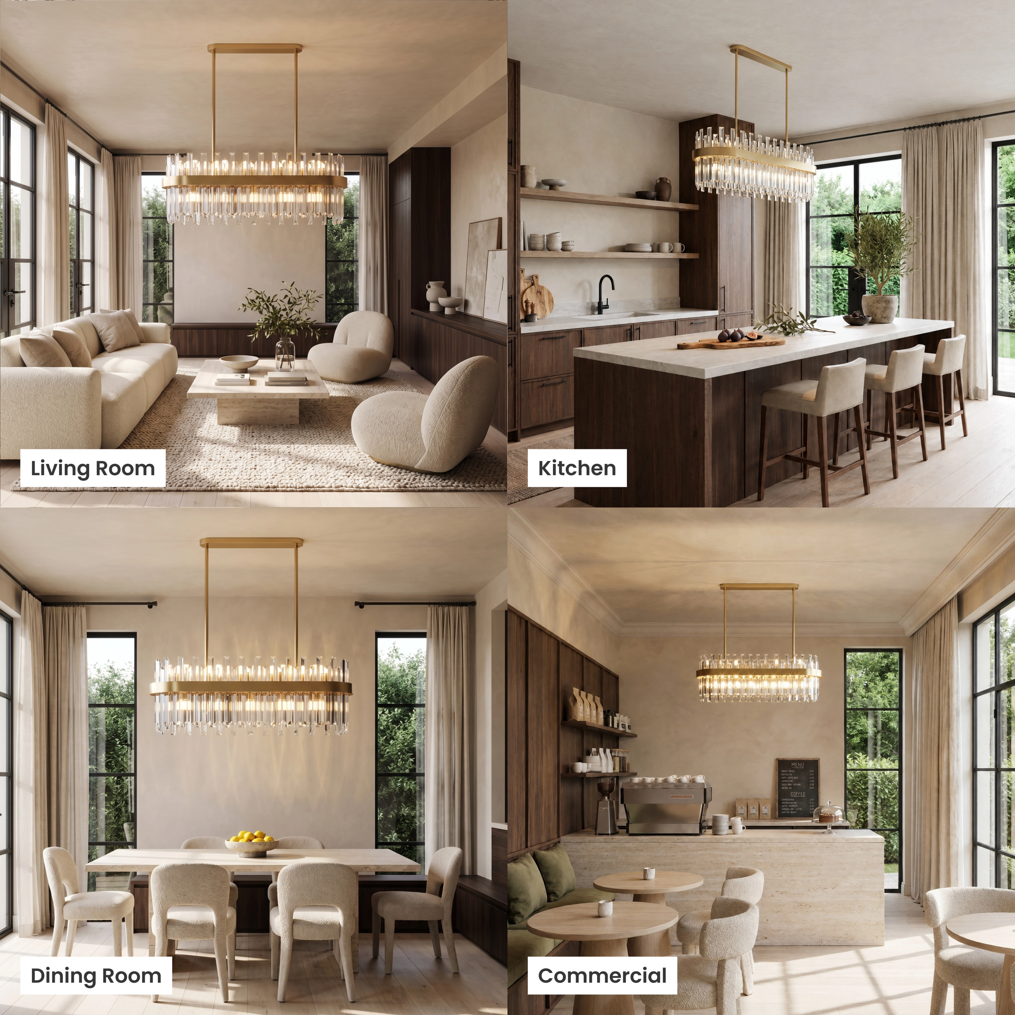 Topaz gold linear crystal bar pendant shown in living room, kitchen, dining room and commercial settings
