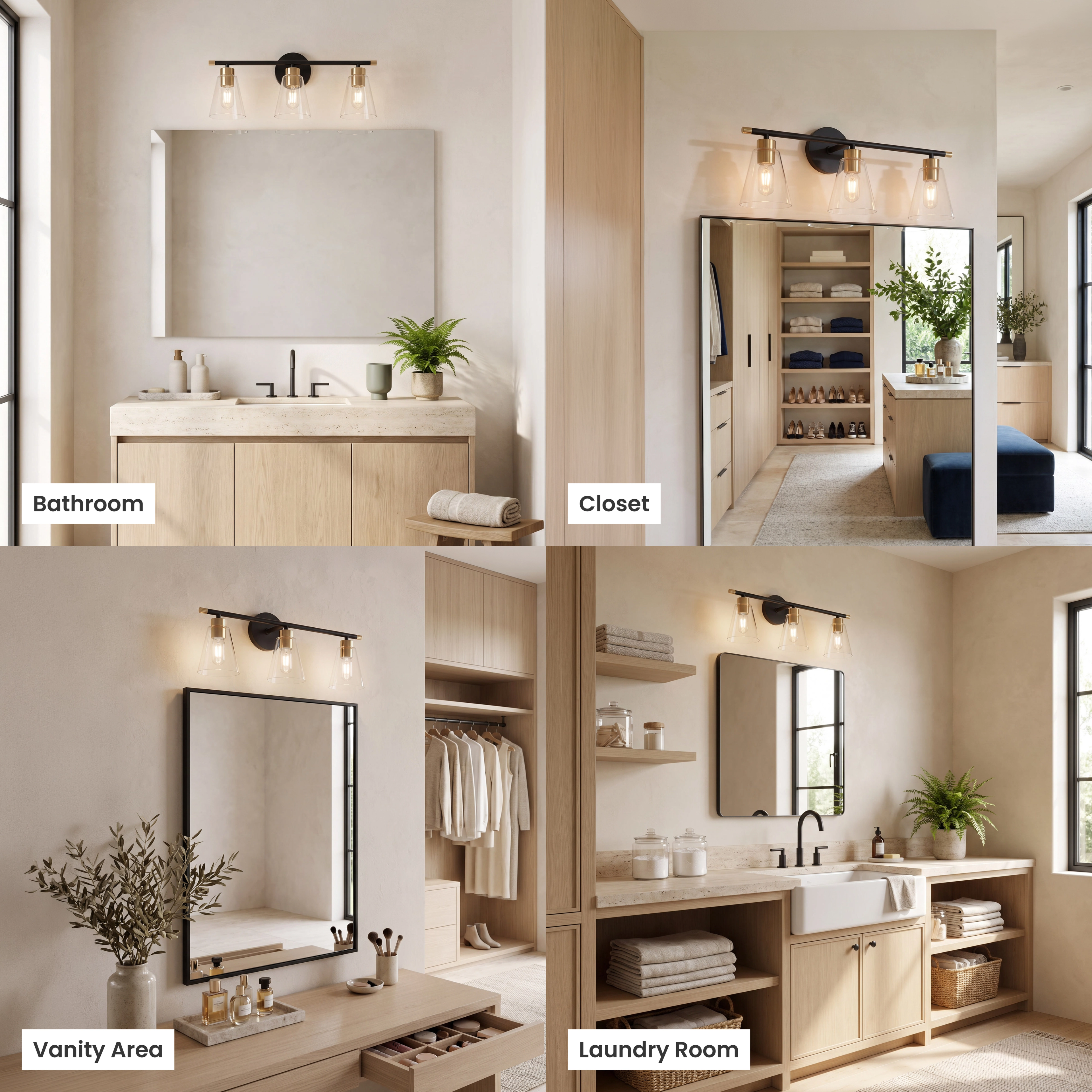 Sienna black-and-gold vanity light with flared glass shades shown over vanity, laundry, bathroom and powder room mirrors