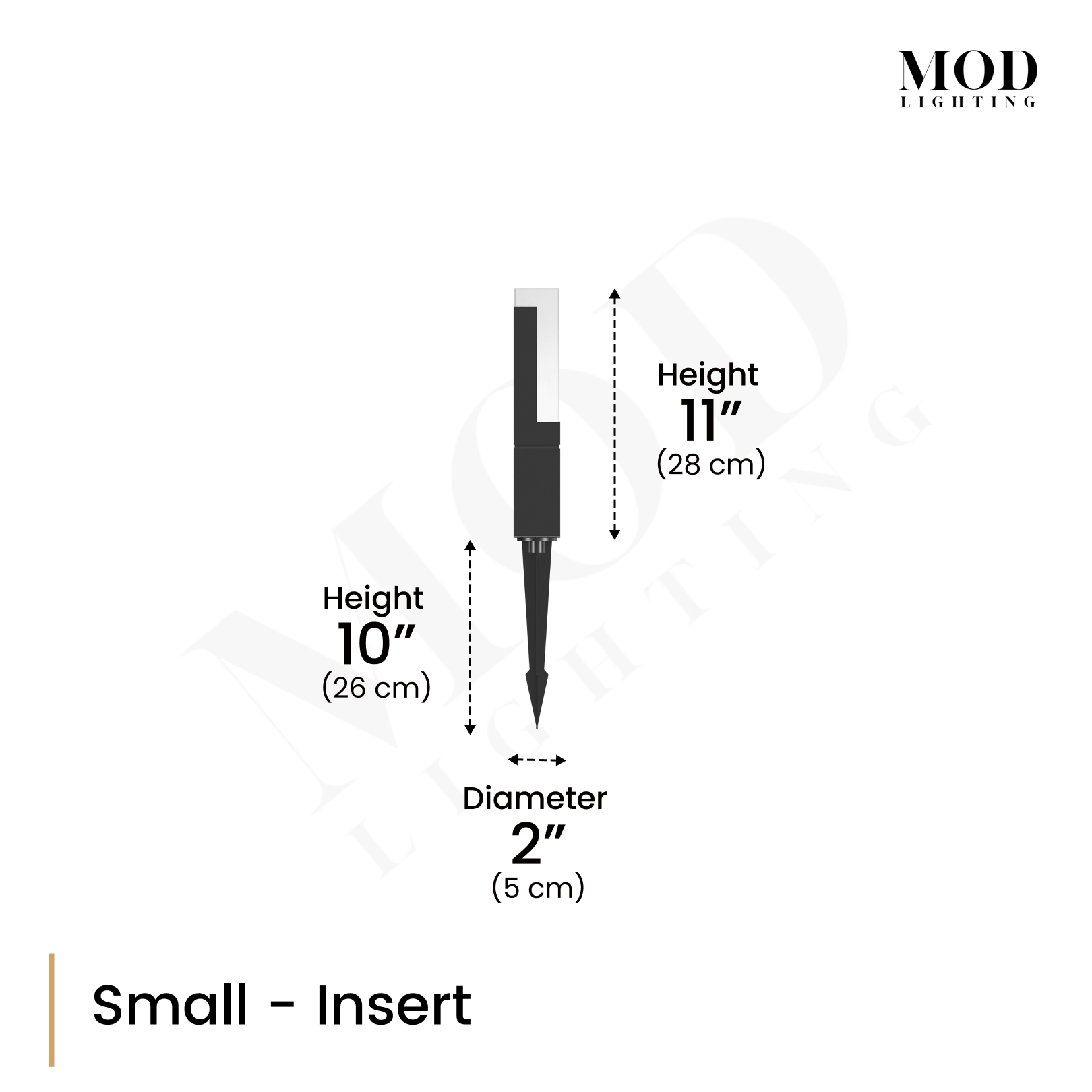 Meadow outdoor light diagram, small ground-stake insert: 11in fixture height, 2in diameter