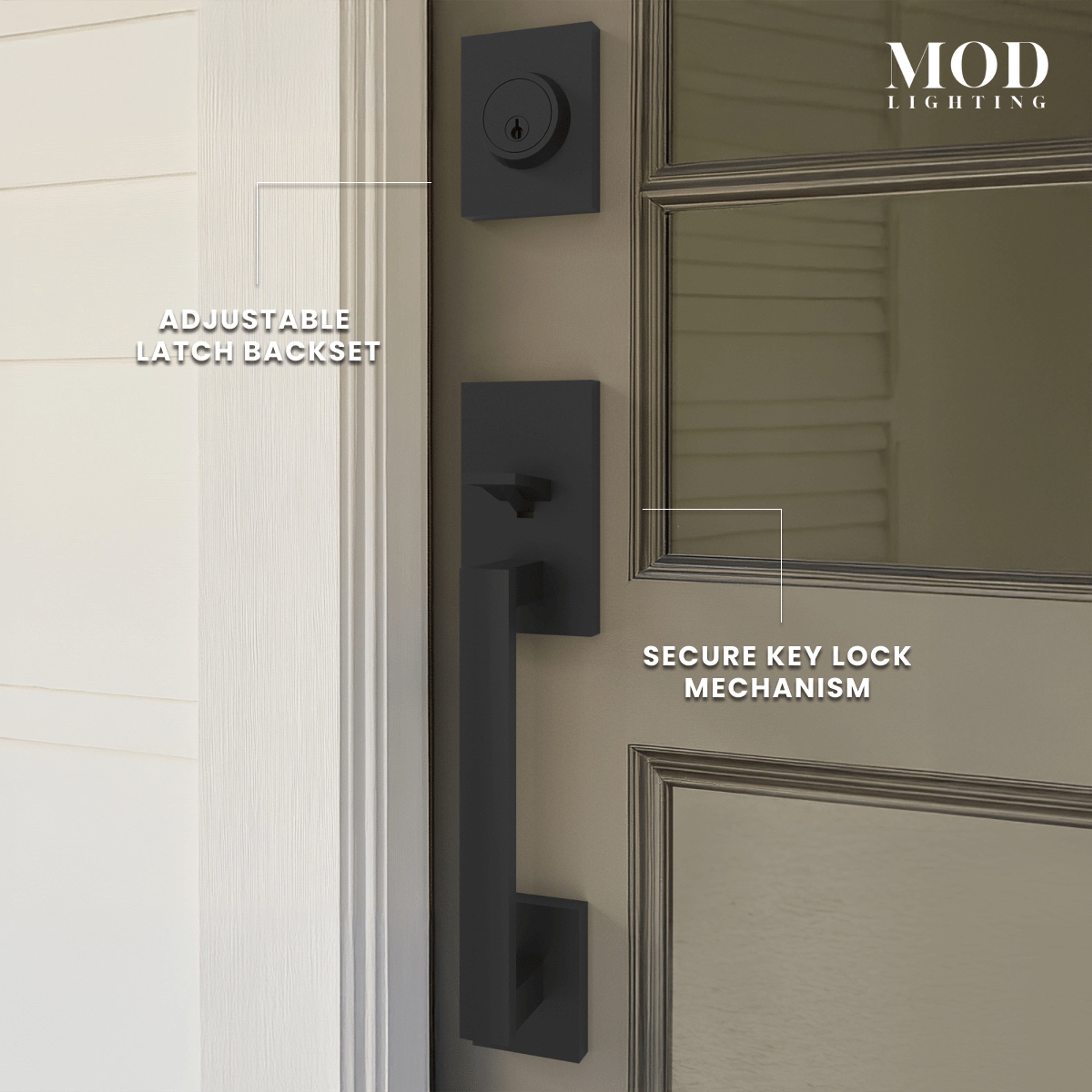 Modern Front Door Lock Set, matte black exterior handleset on a door with adjustable latch and key lock callouts