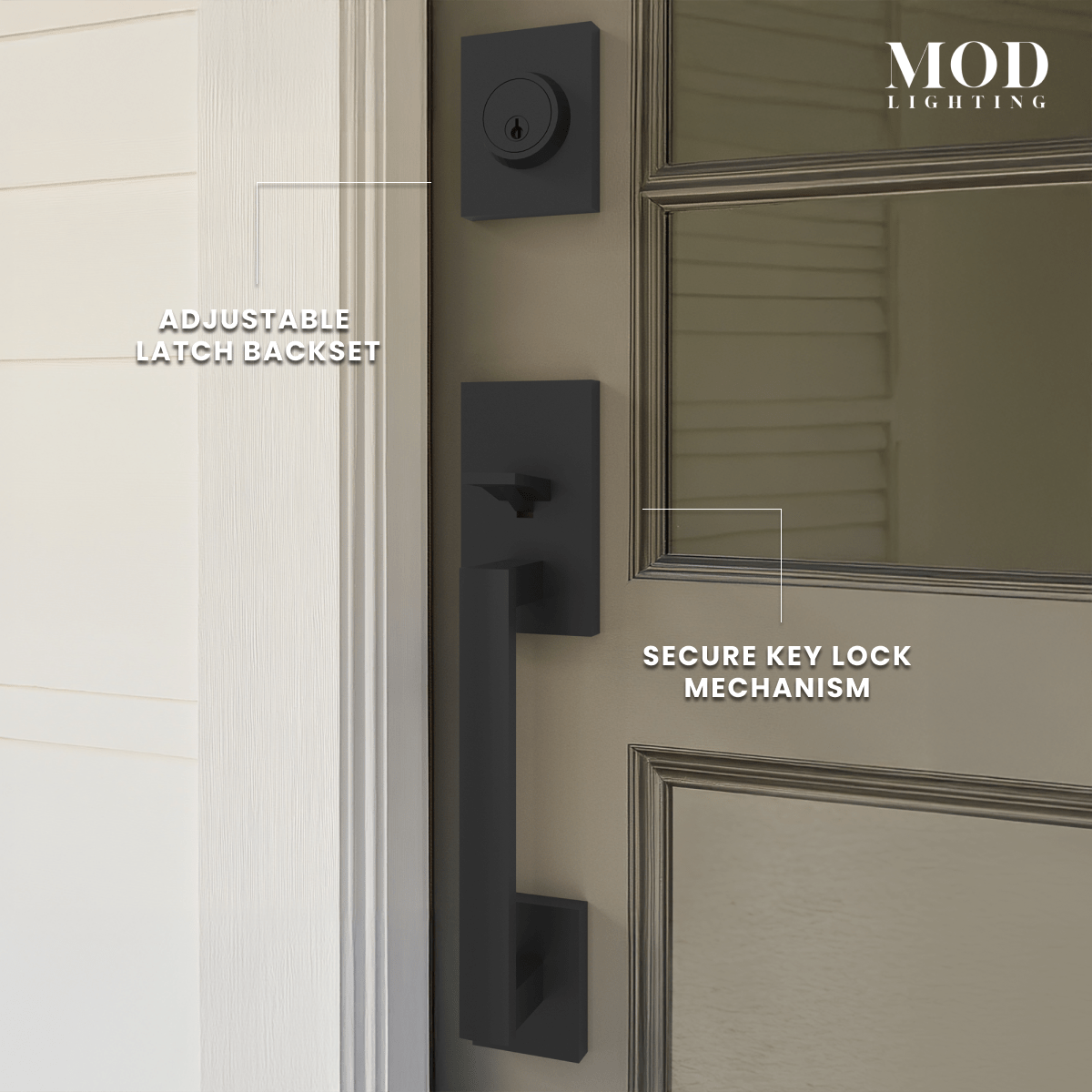 Modern Front Door Lock Set, matte black exterior handleset on a door with adjustable latch and key lock callouts