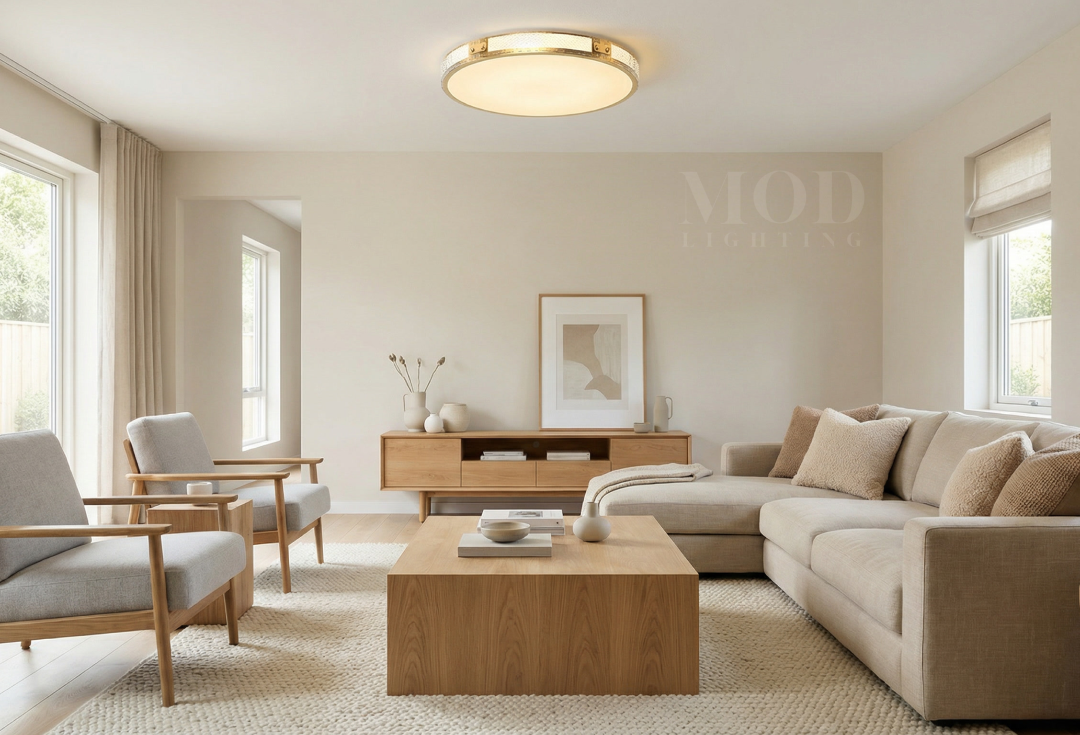 Orielle ceiling light in a Scandi-style living room