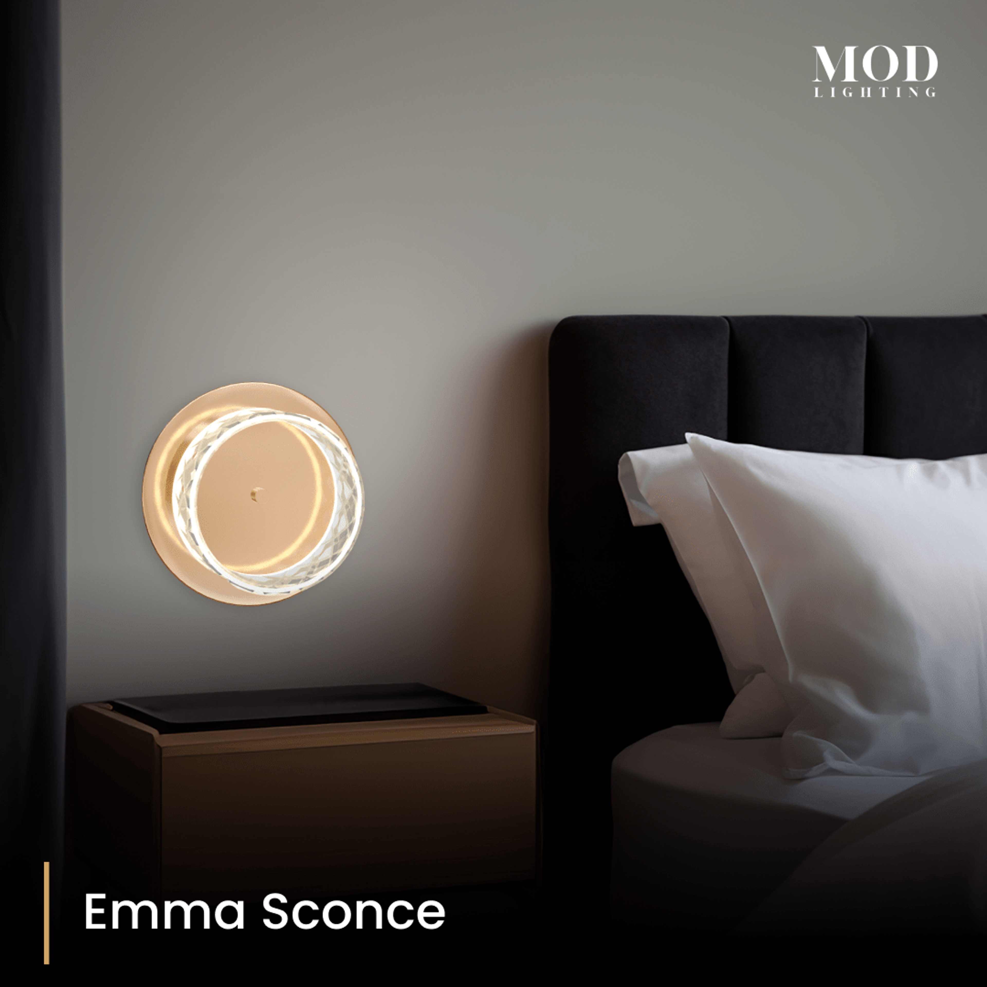 Emma round crystal-ring sconce glowing on a bedroom wall beside an upholstered headboard