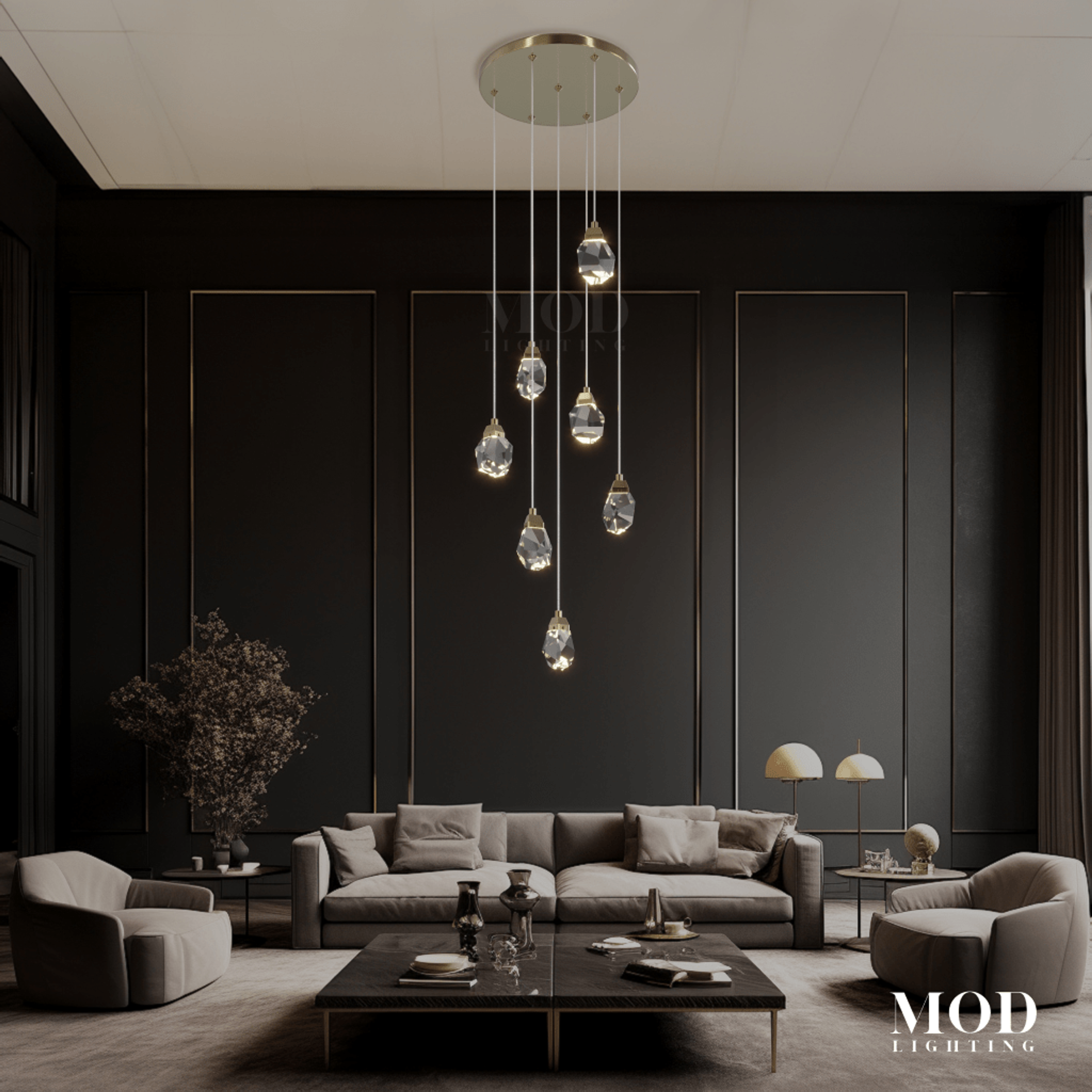 Hailstone crystal-stone pendants, faceted glass drops on cords, over a sofa in a dark-walled living room