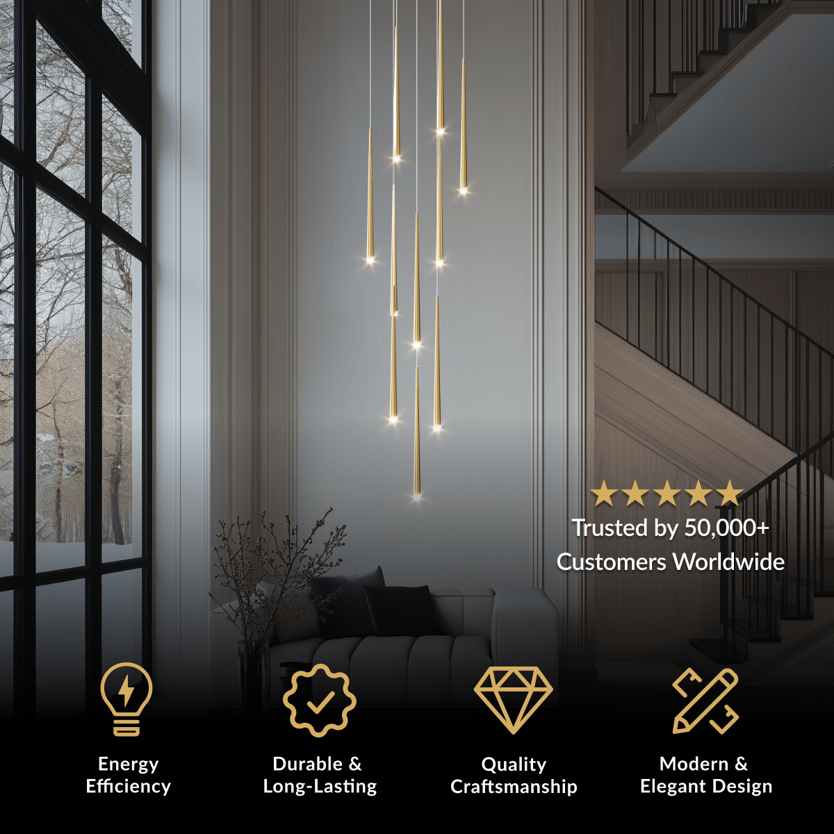 Jasper spiral cluster of crystal teardrop pendants beside a staircase and window
