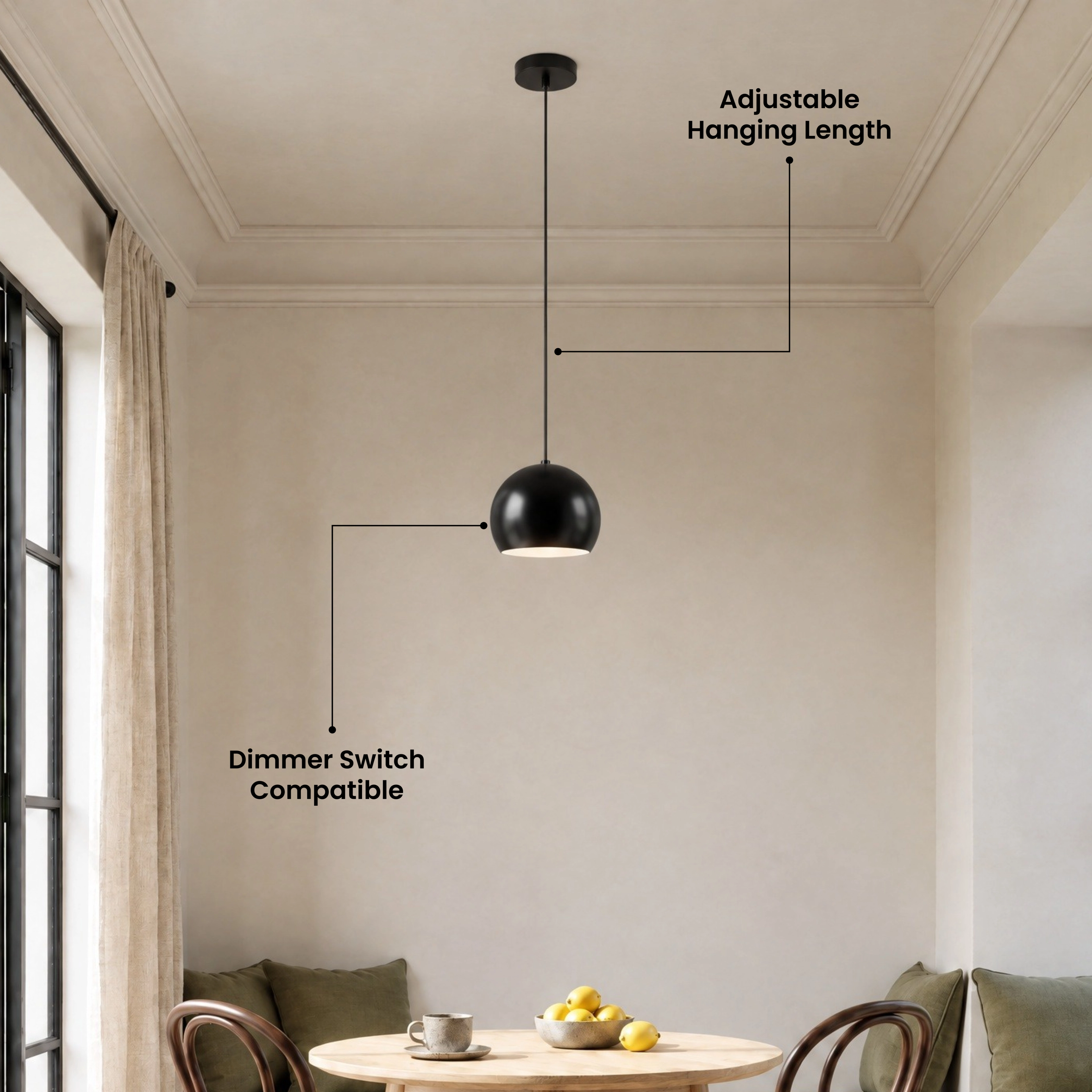 Avery black sphere pendants in a row over a dark kitchen island with a five-star customer review overlay