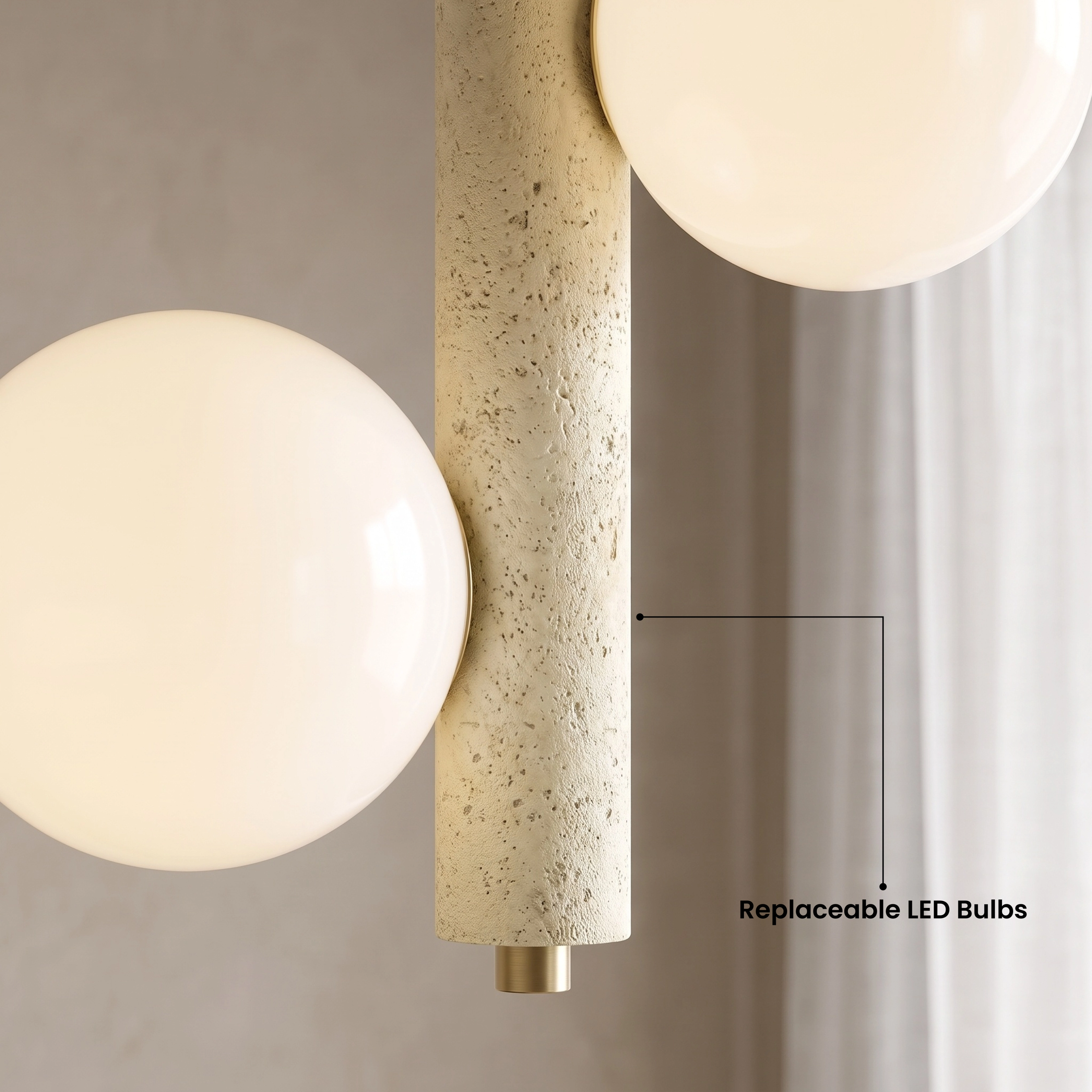 Arabella Pendant travertine stone lights over a kitchen island, opal-glass orbs, warm white 3000K, Unparalleled Craftsmanship