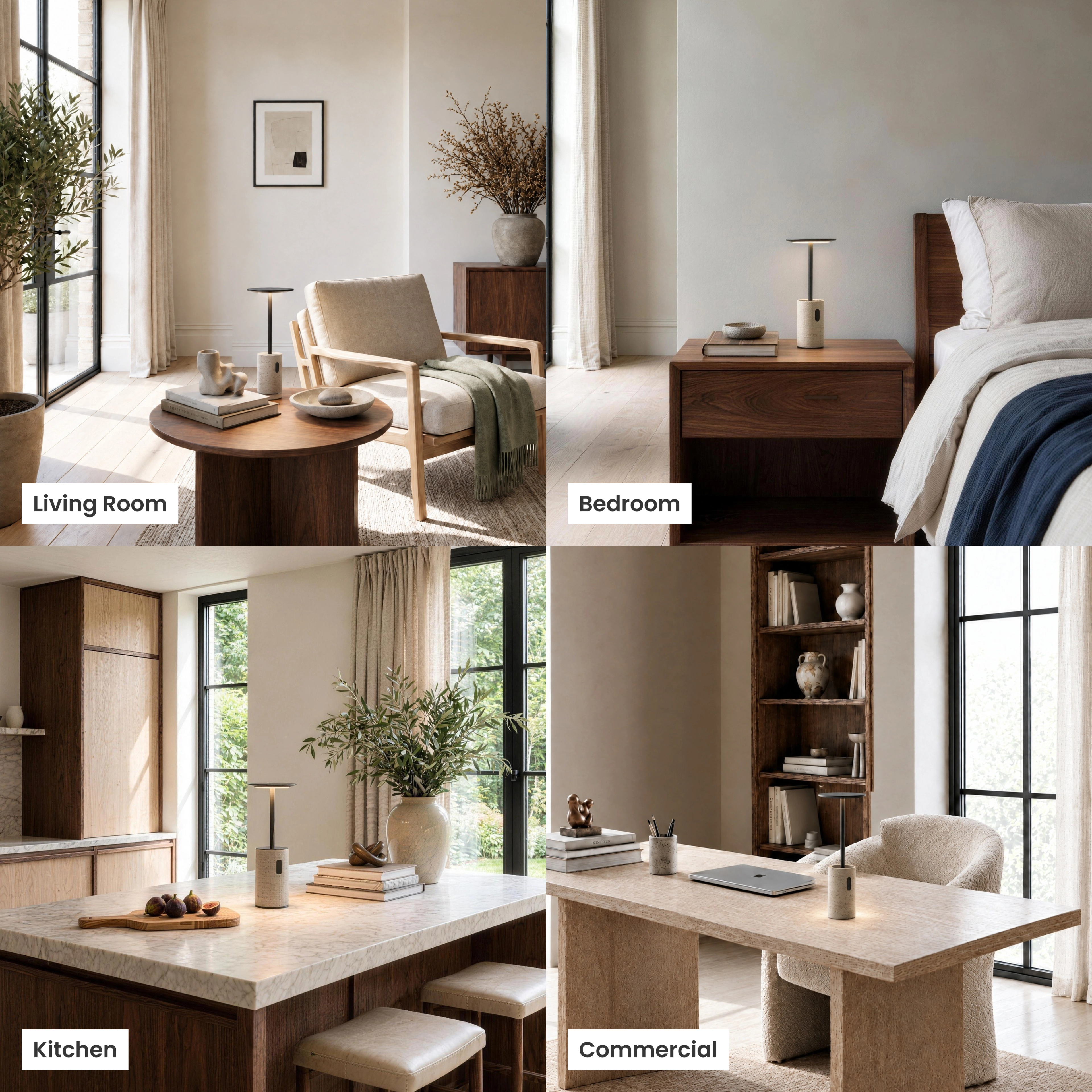 Vera travertine stone table lamp shown across four rooms: living room, home office, bedroom and commercial bar