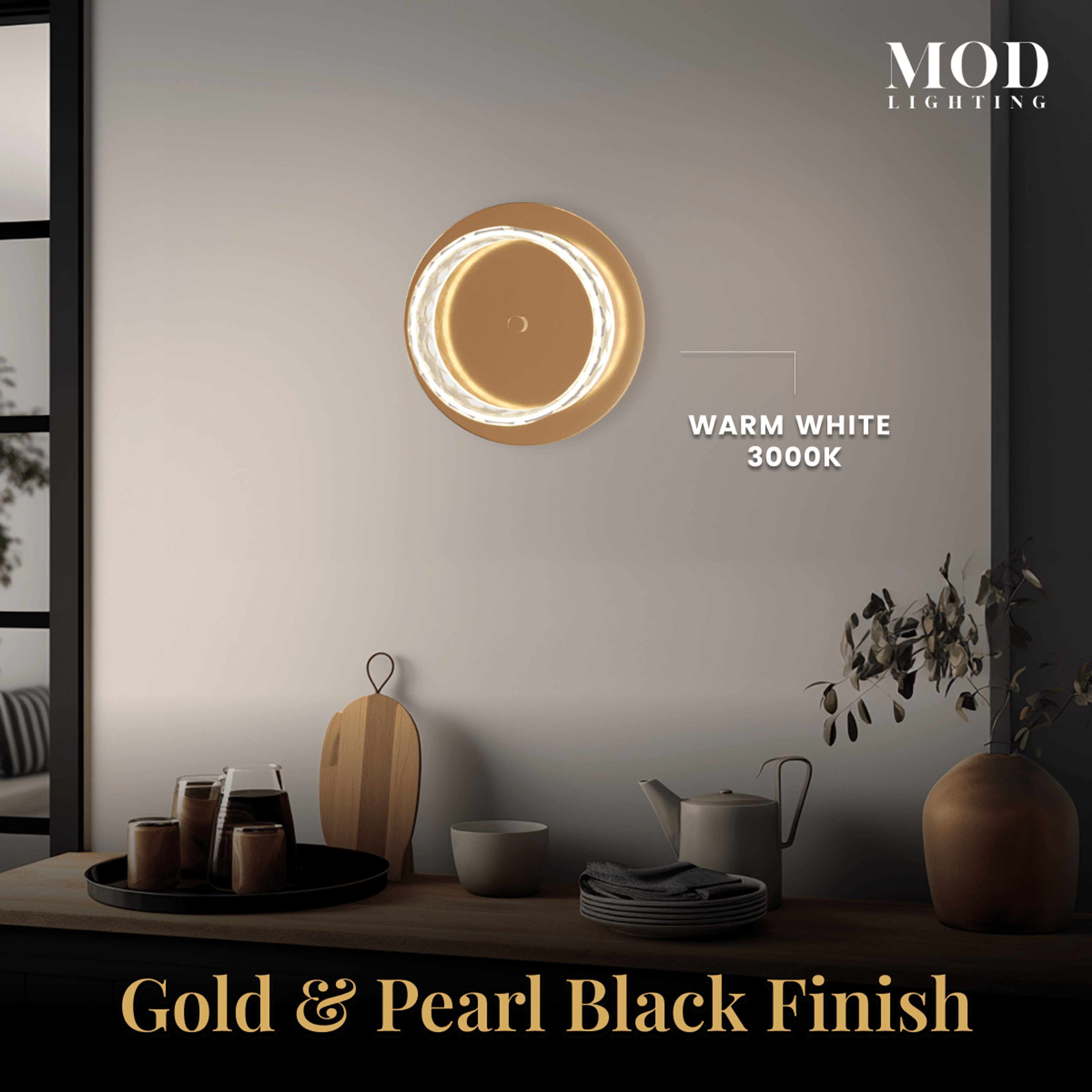 Emma round wall sconce, gold and pearl-black crystal ring in warm white 3000K, glowing above a console table