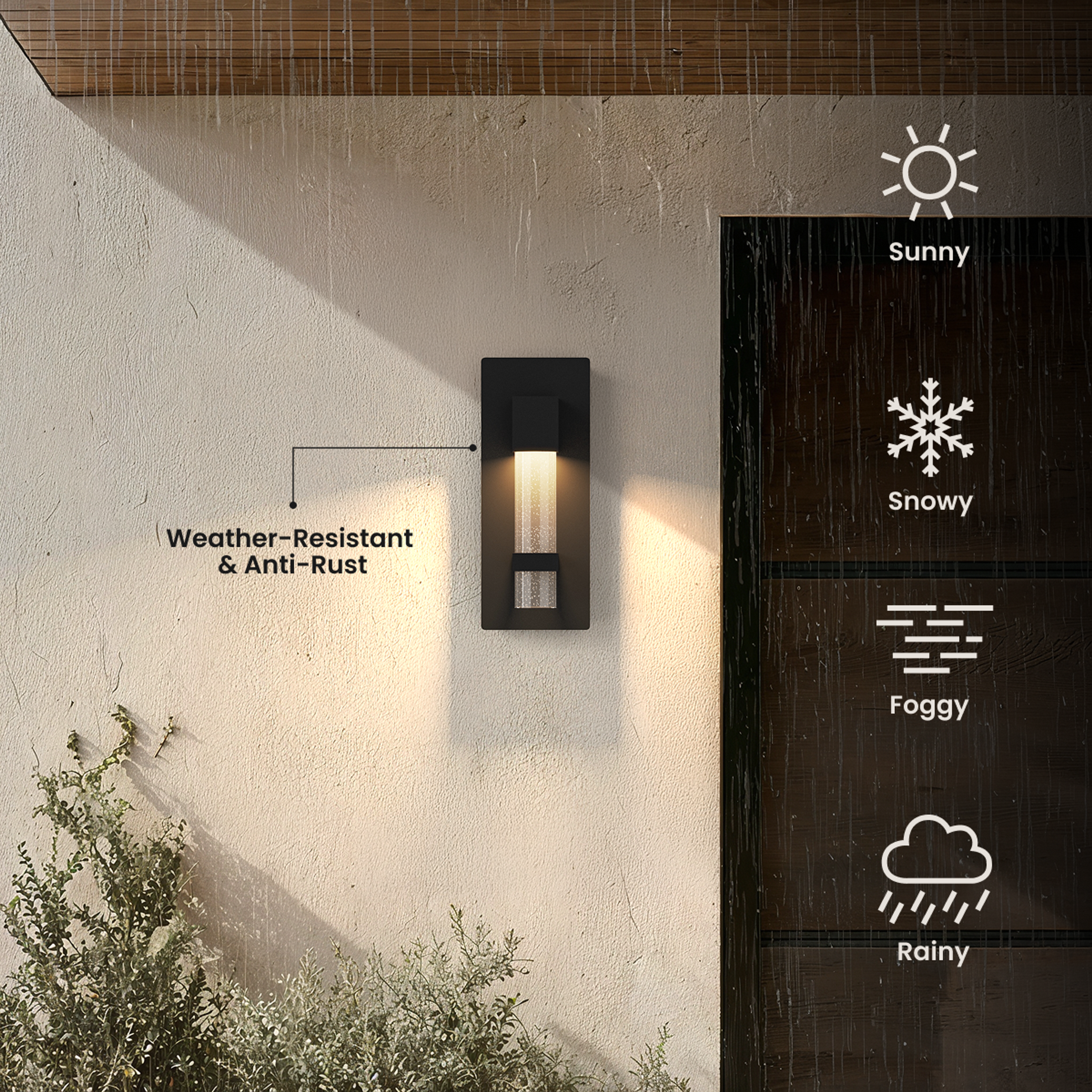 Astra black outdoor sconces shown in entryway, garage, patio and commercial exterior settings