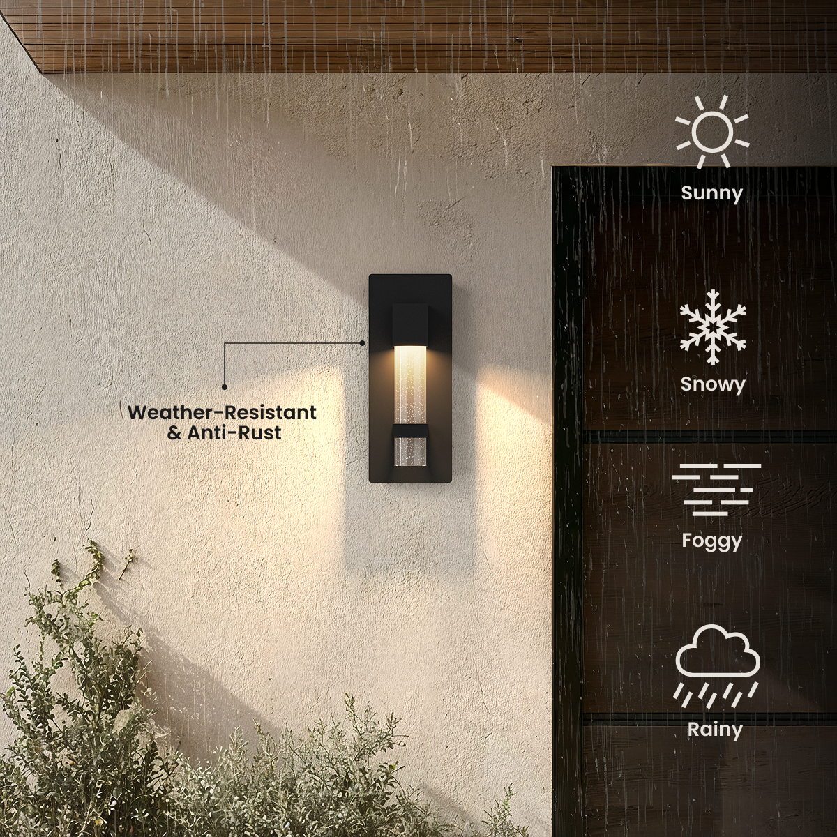 Astra black outdoor sconces shown in entryway, garage, patio and commercial exterior settings