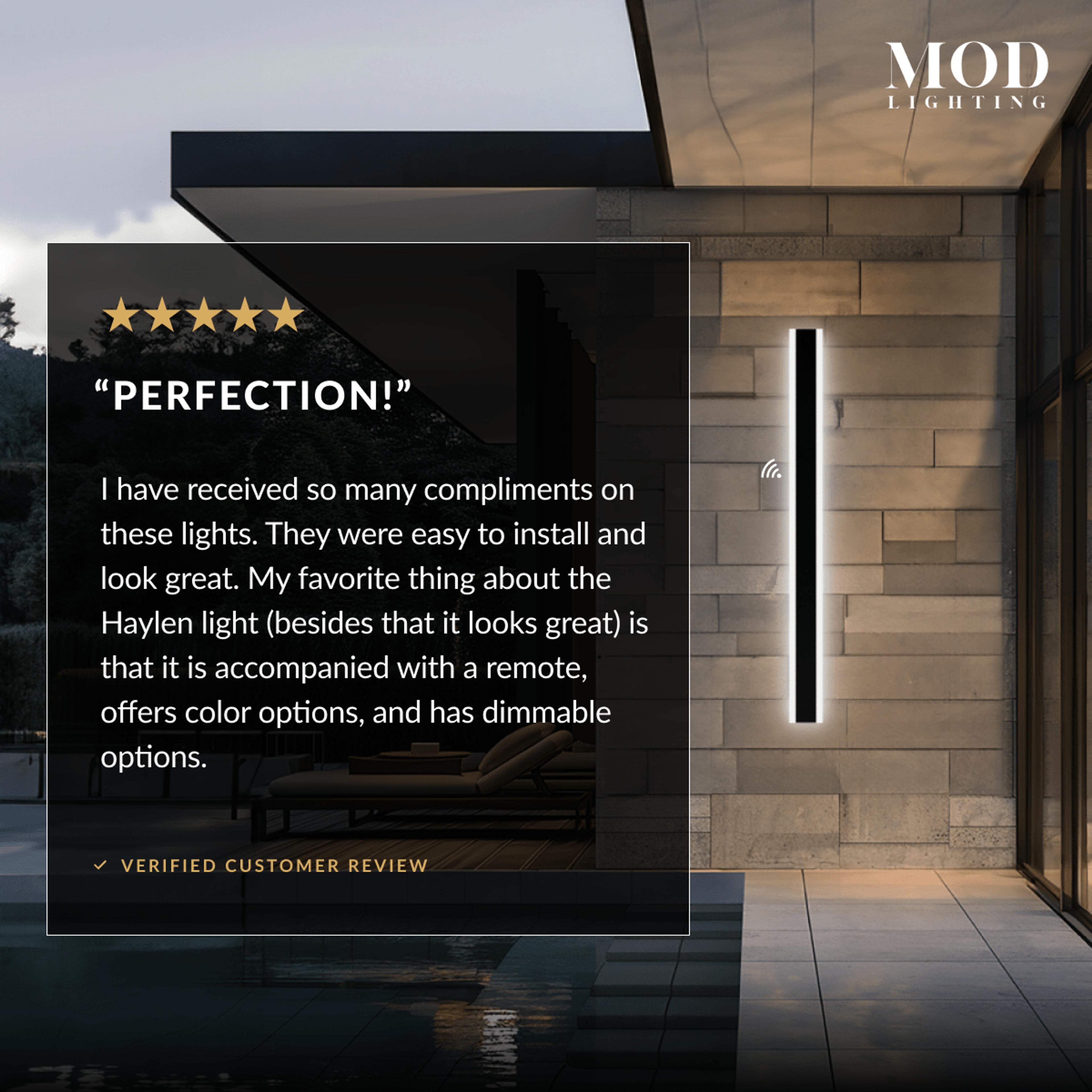 Haylen Sensor black LED bar wall light glowing on a stone facade with a five-star customer review