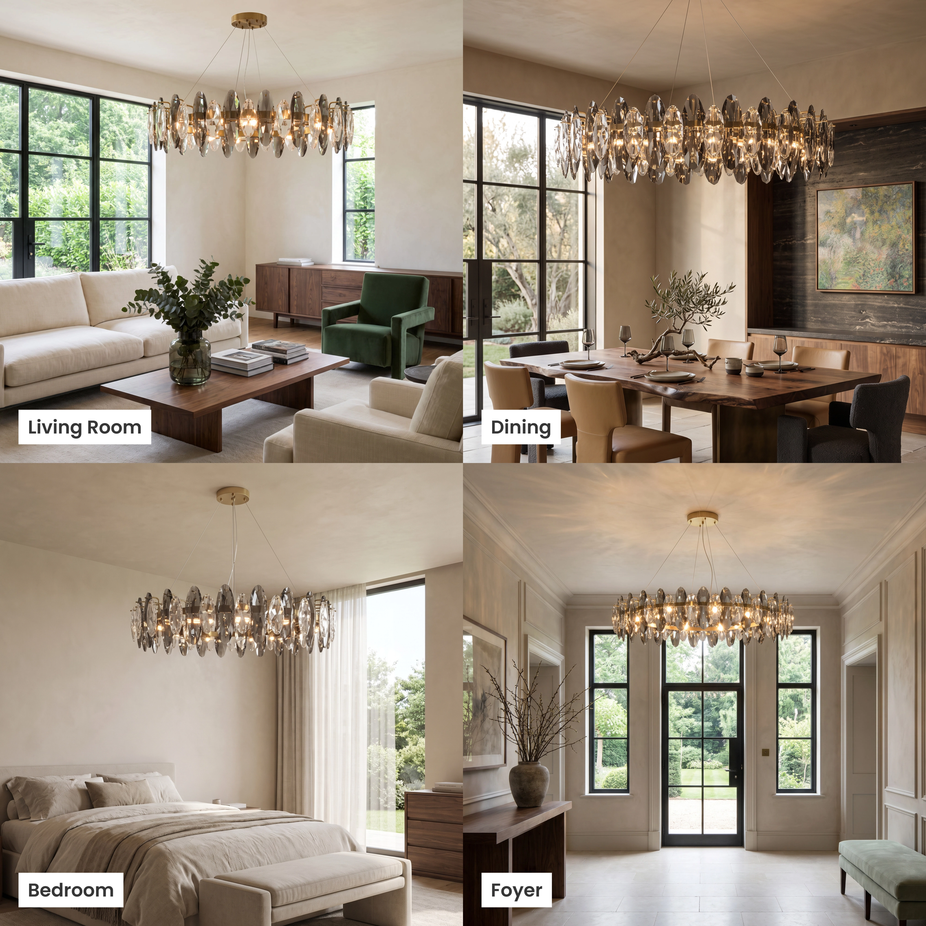 Celestial crystal chandelier shown in living room, dining room, bedroom and commercial room settings