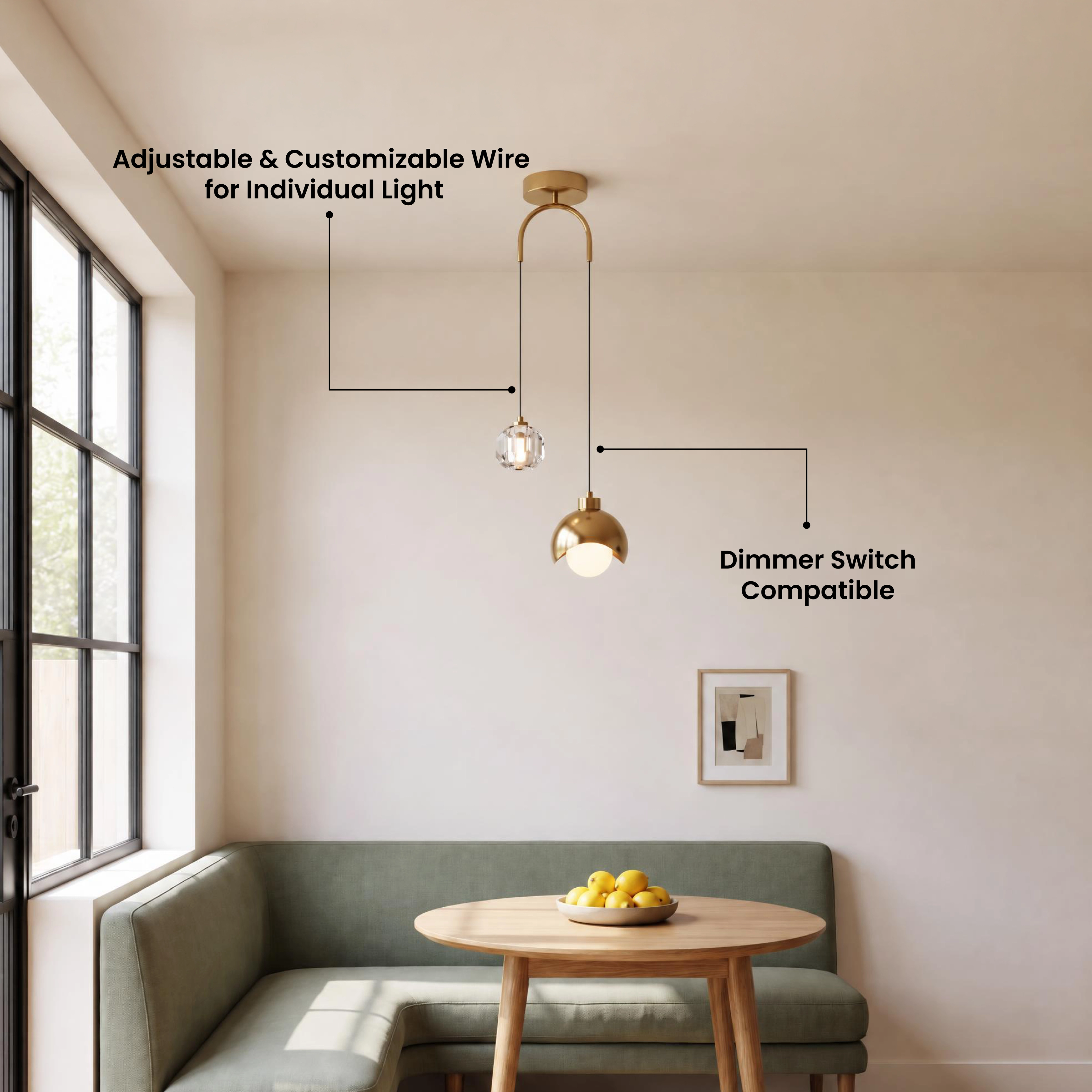 Diana gold globe and crystal pendants beside a bed, with a five-star verified customer review overlay