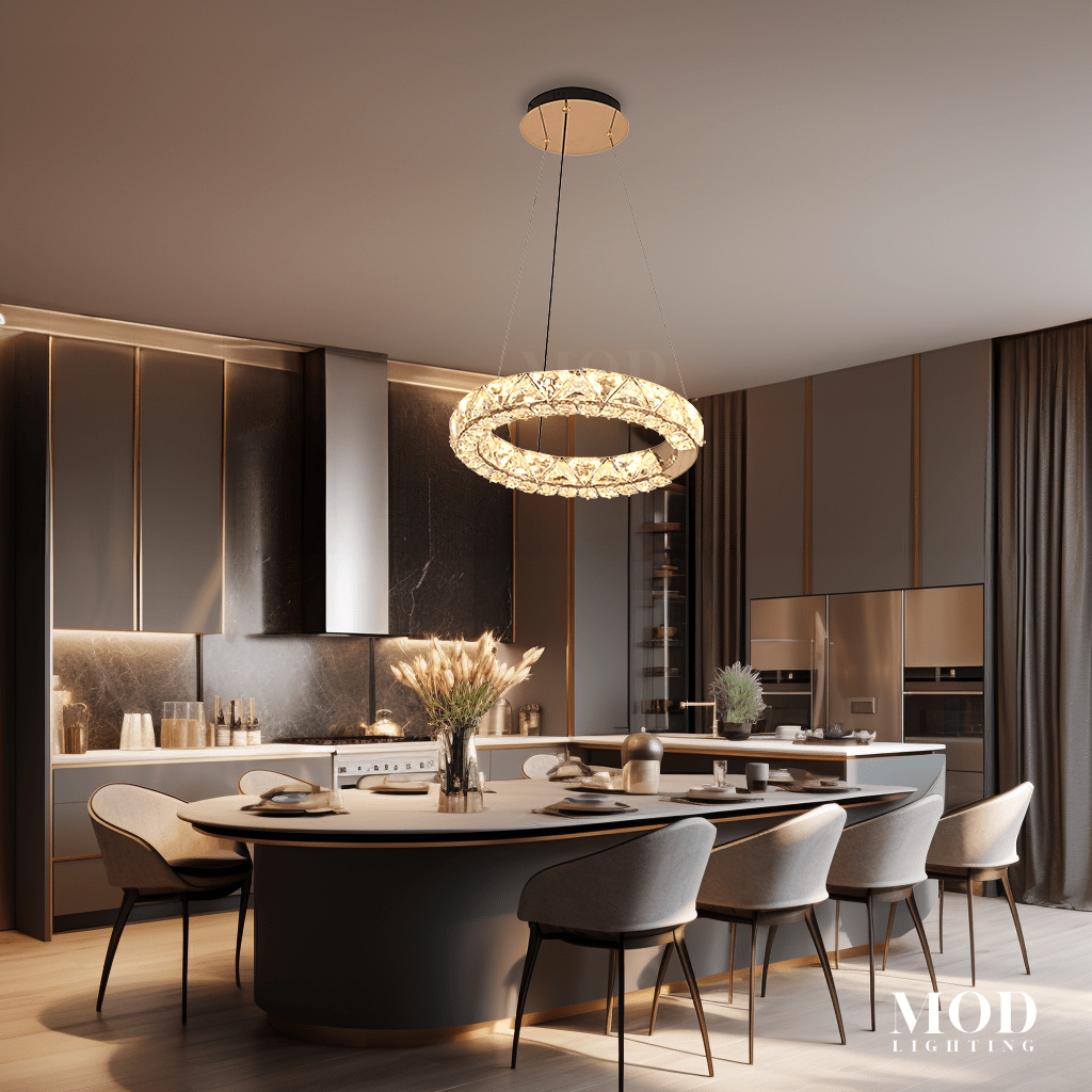 Jana gold crystal-studded ring chandelier over a dining table in a warm modern kitchen