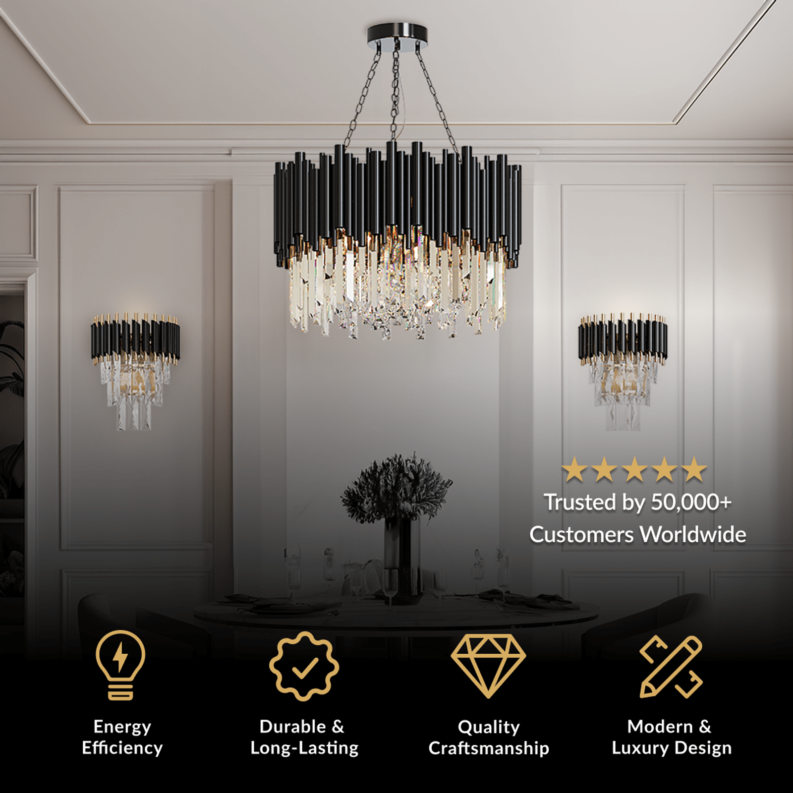 Obsidian black drum crystal chandelier, vertical rods over a console