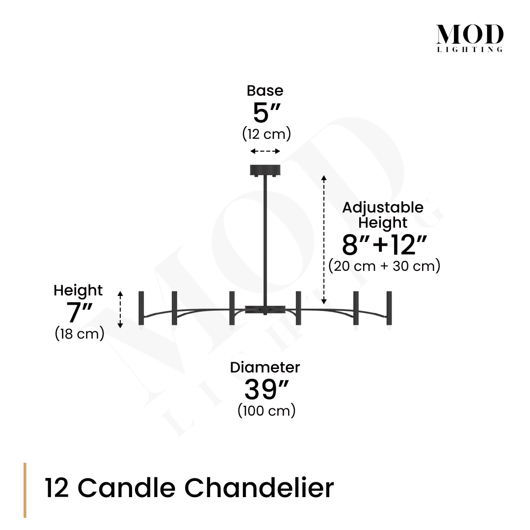 Kendall 12-candle chandelier, dimension diagram showing 39" diameter, 7" height and 5" base