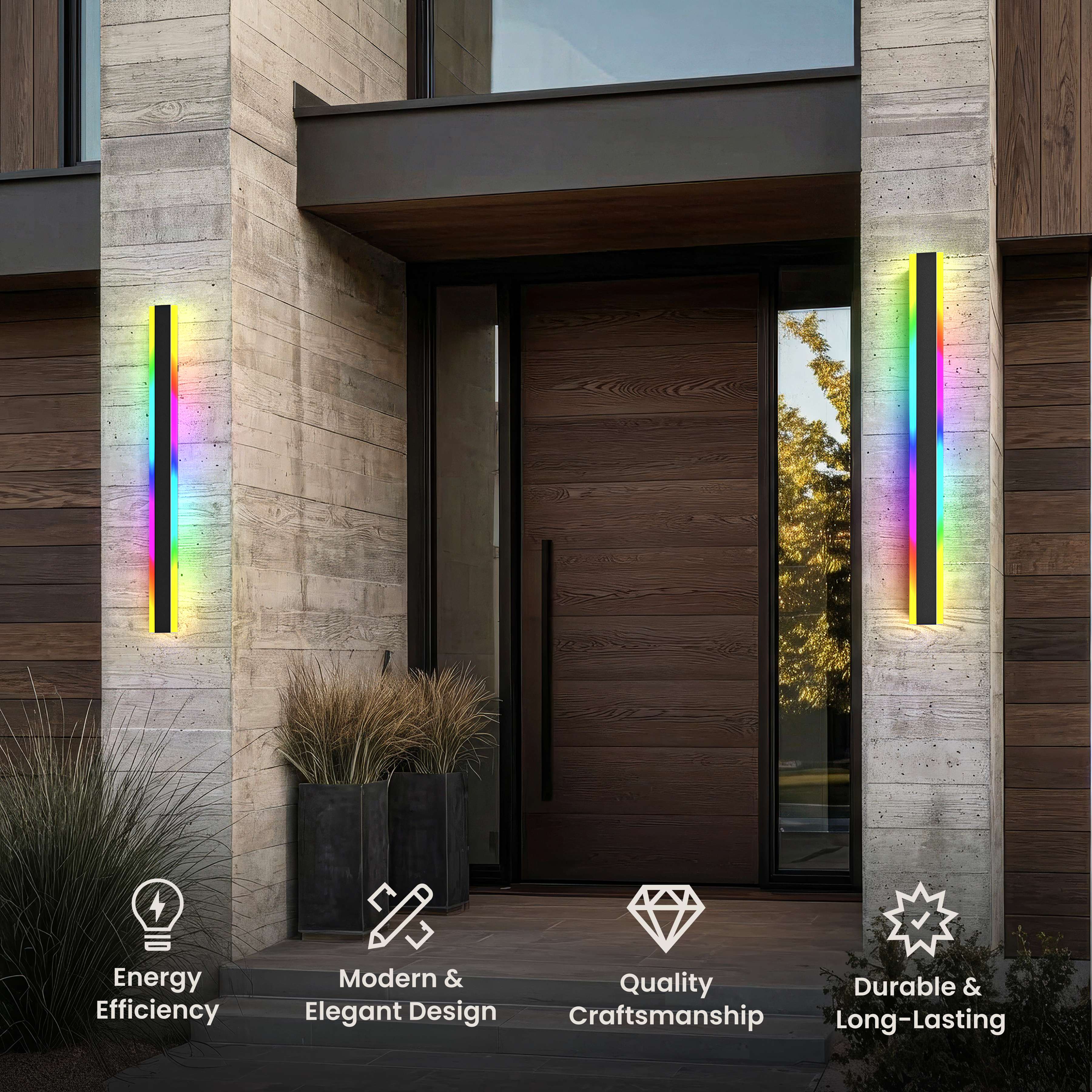 Haylen RGB smart LED bar wall lights glowing rainbow beside a wood front door, with feature icons