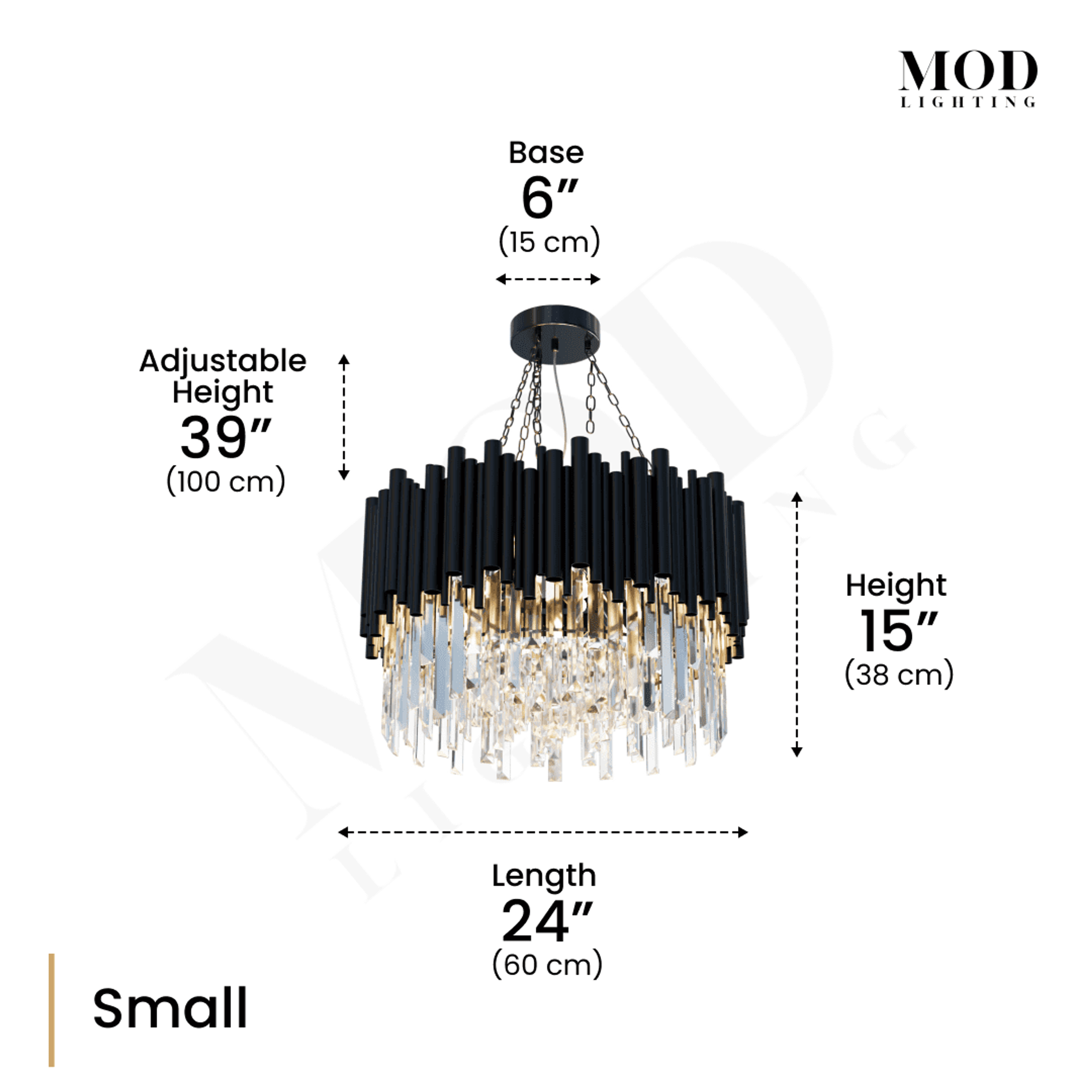 Obsidian black crystal chandelier dimension diagram, small: 24-inch length, 15-inch height