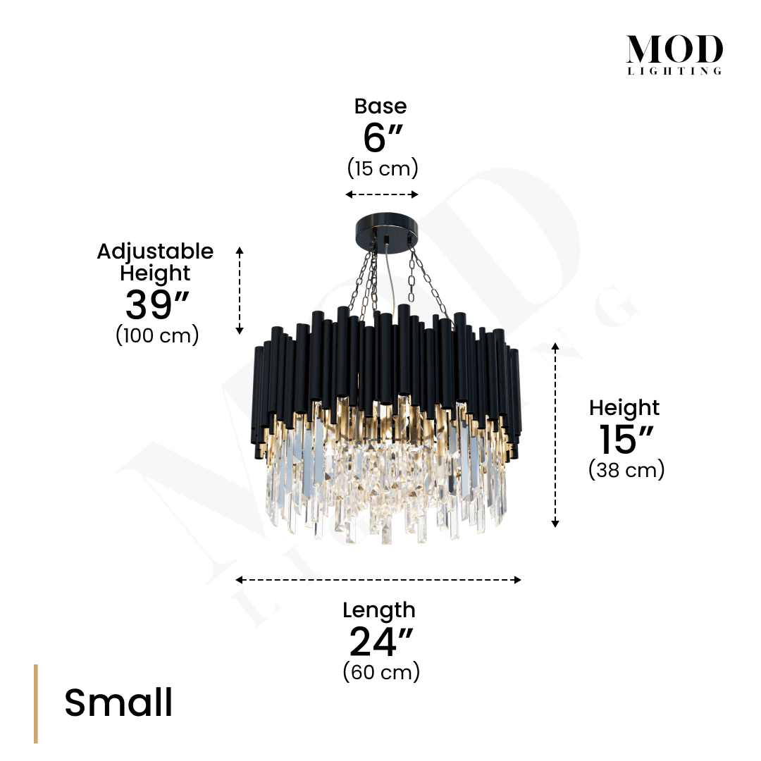 Obsidian black crystal chandelier dimension diagram, small: 24-inch length, 15-inch height