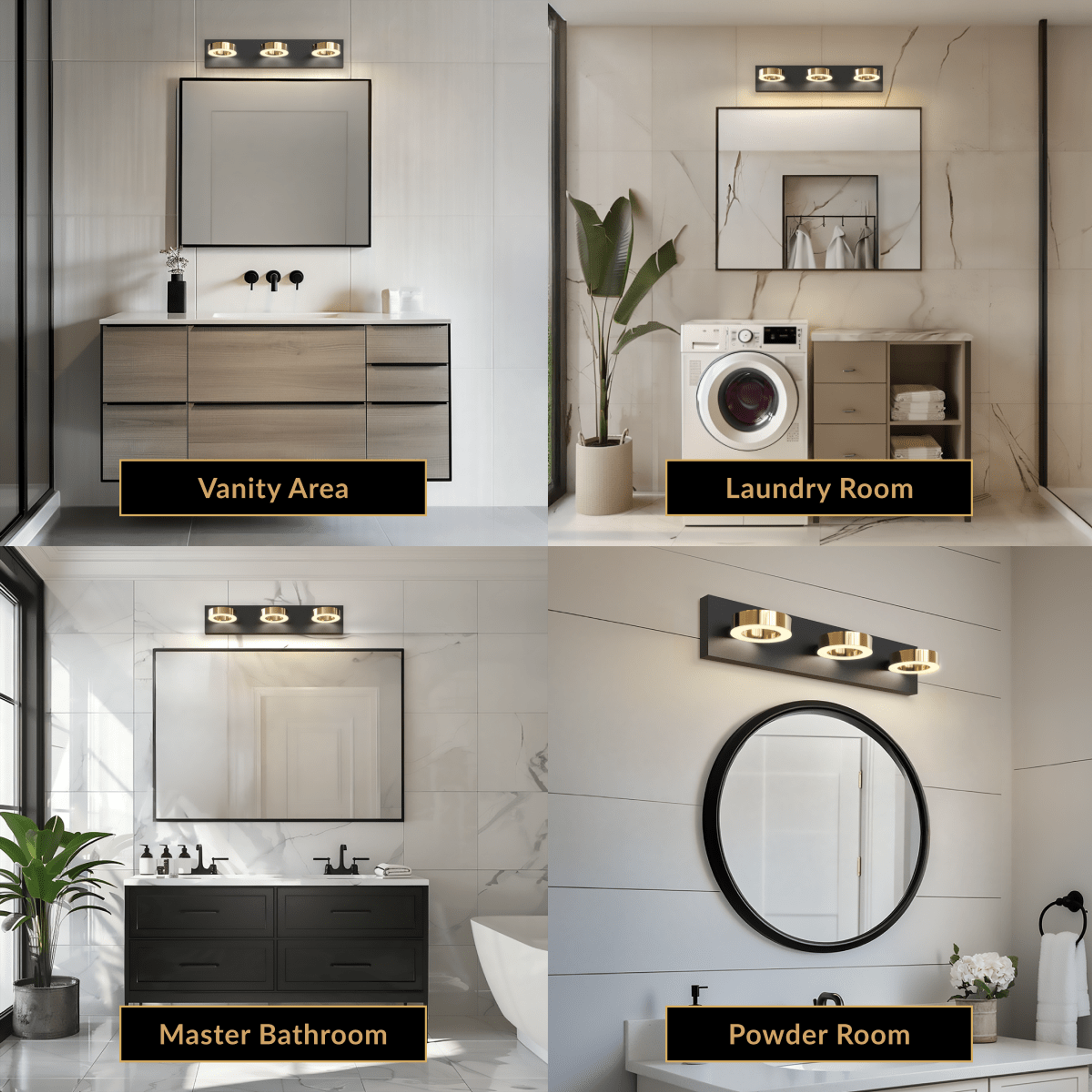 Aurora black bathroom light with three circular gold-ringed lights, shown in vanity, laundry, bathroom and powder room