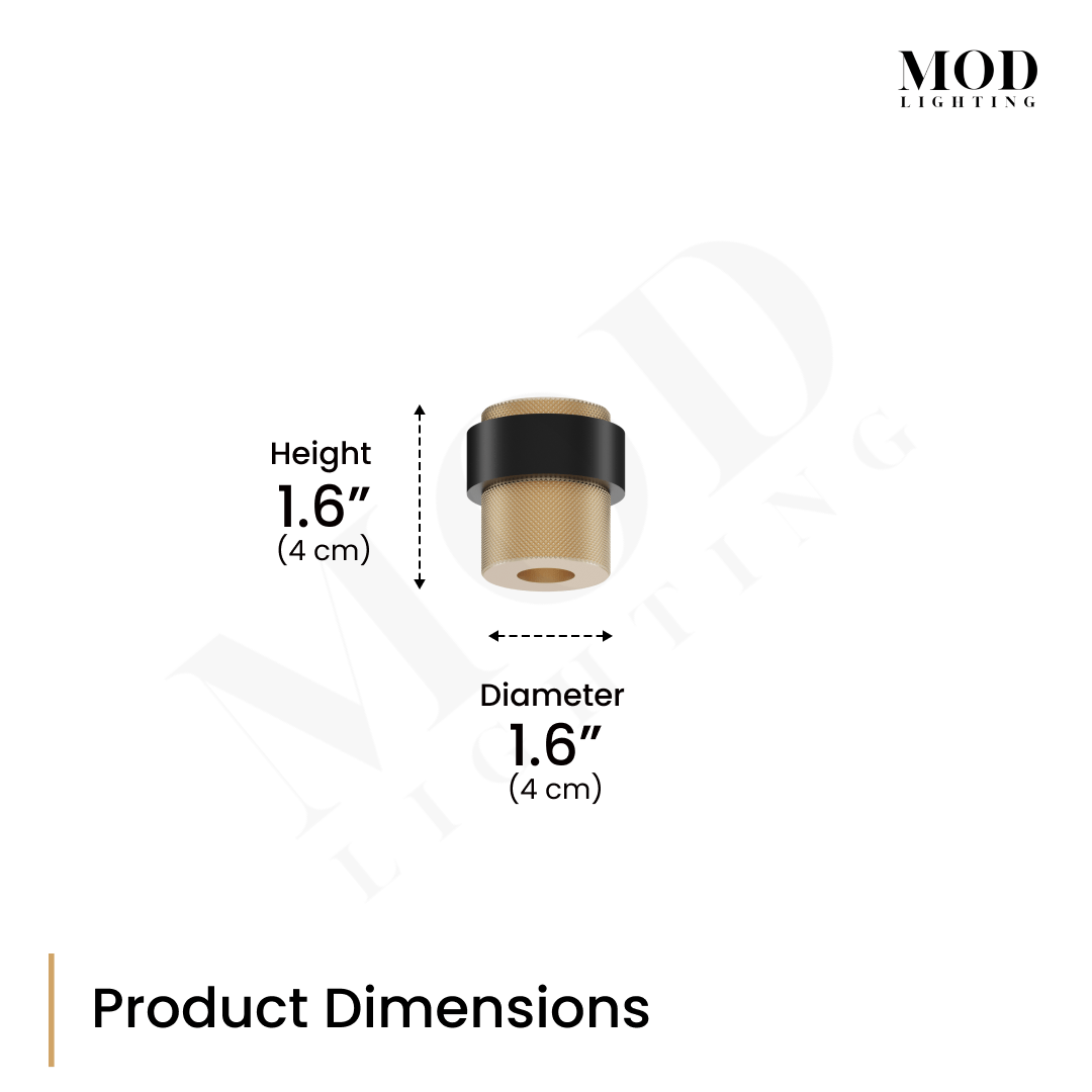Enso door stop dimension diagram, brushed-gold and black body, 1.6 inch height and 1.6 inch diameter