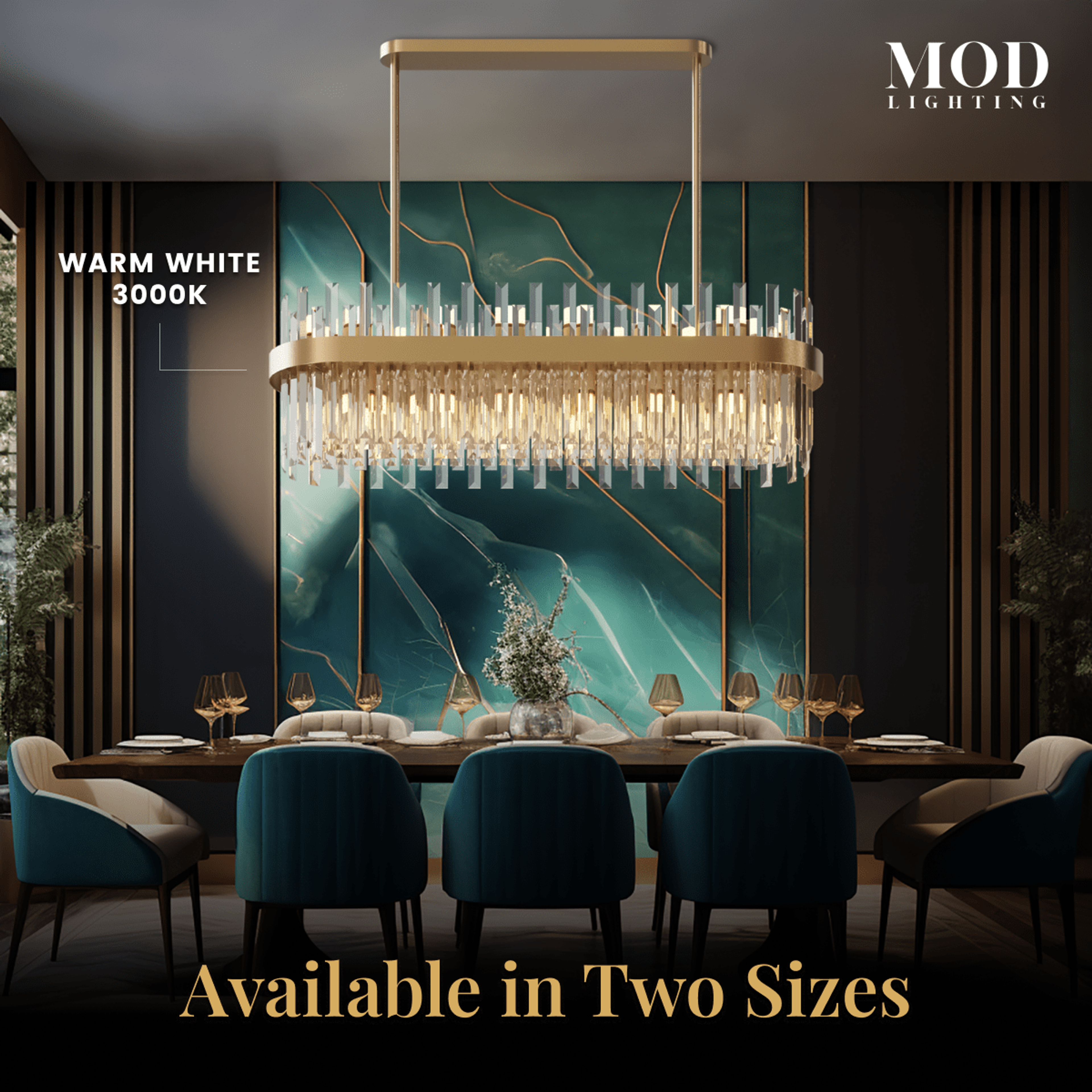 Topaz gold linear crystal bar pendant in warm white 3000K over a dining table, available in two sizes