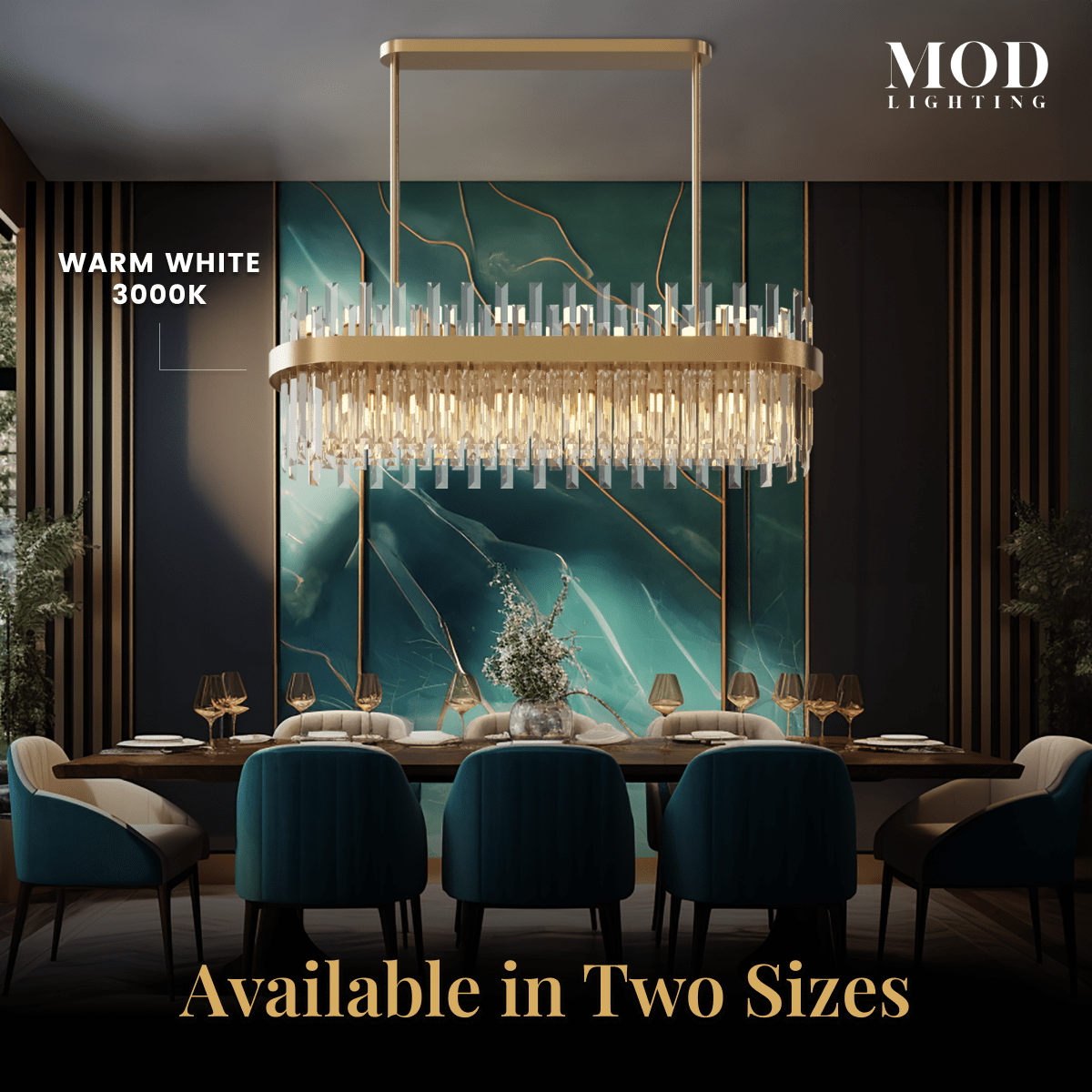 Topaz gold linear crystal bar pendant in warm white 3000K over a dining table, available in two sizes