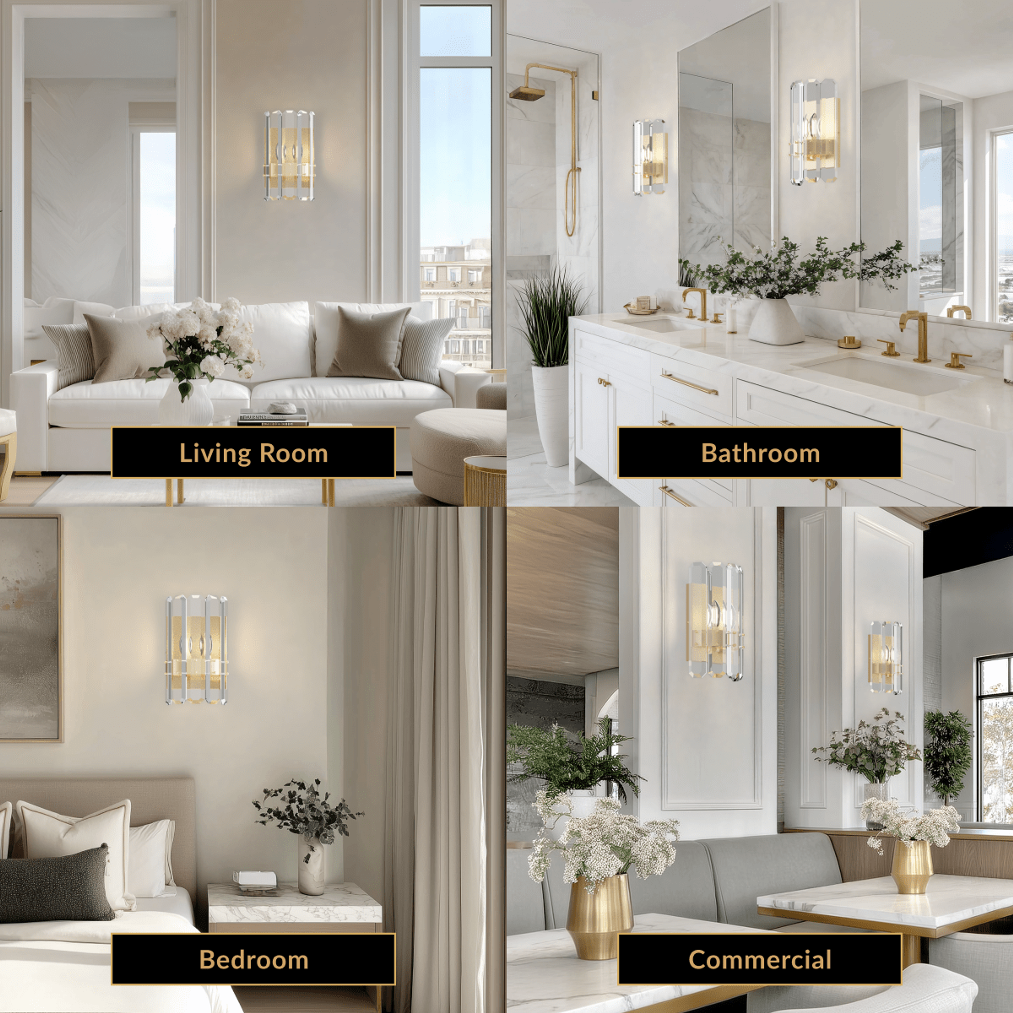 Lustre brushed-gold crystal wall sconce with faceted crystal panels, in living room, bathroom, bedroom and commercial spaces