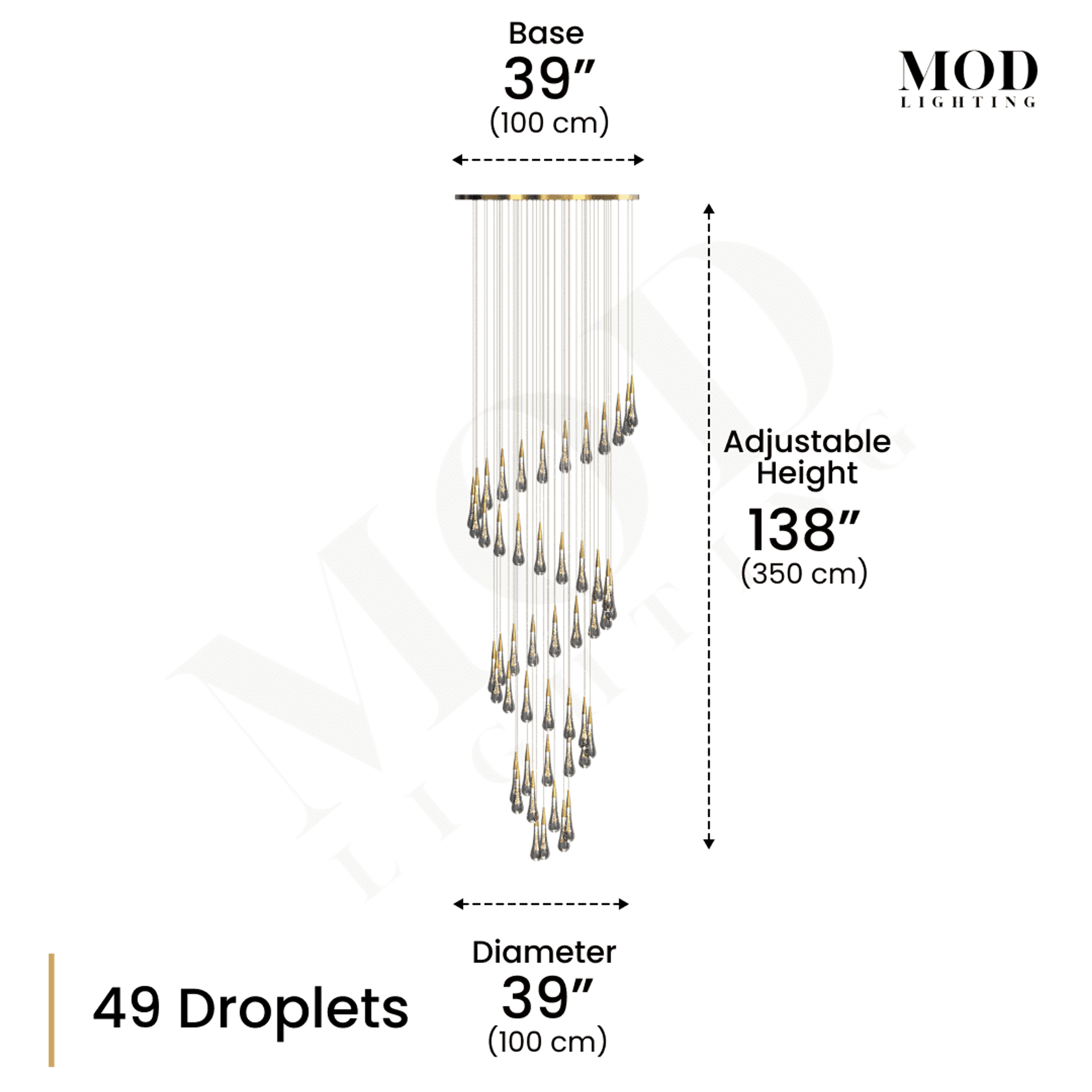 Indra dimension diagram, 49 spiral crystal droplets, 39" base and diameter, 138" adjustable height