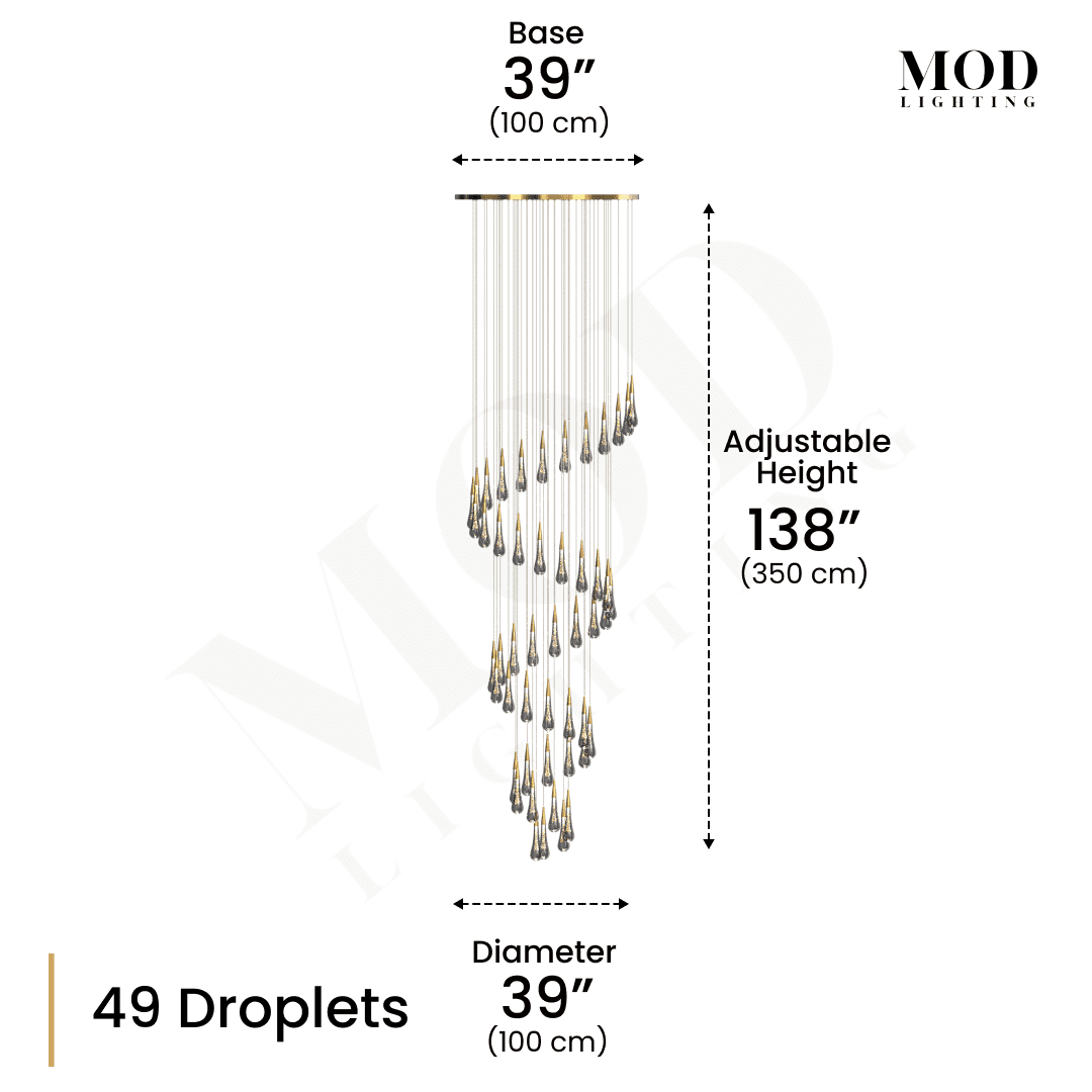 Indra dimension diagram, 49 spiral crystal droplets, 39" base and diameter, 138" adjustable height