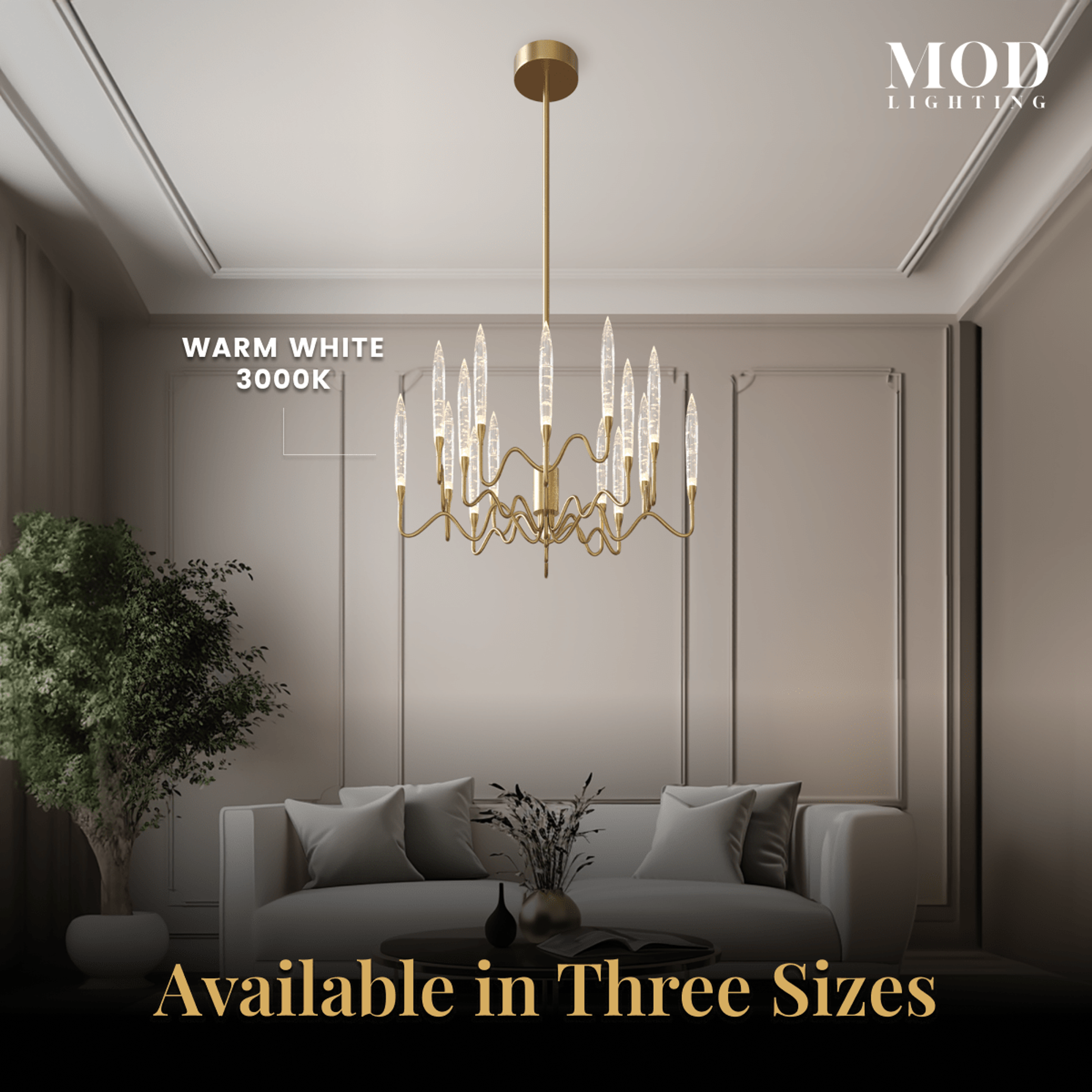 Kanderella gold candle chandelier in warm-white 3000K over a living room sofa, noting three available sizes