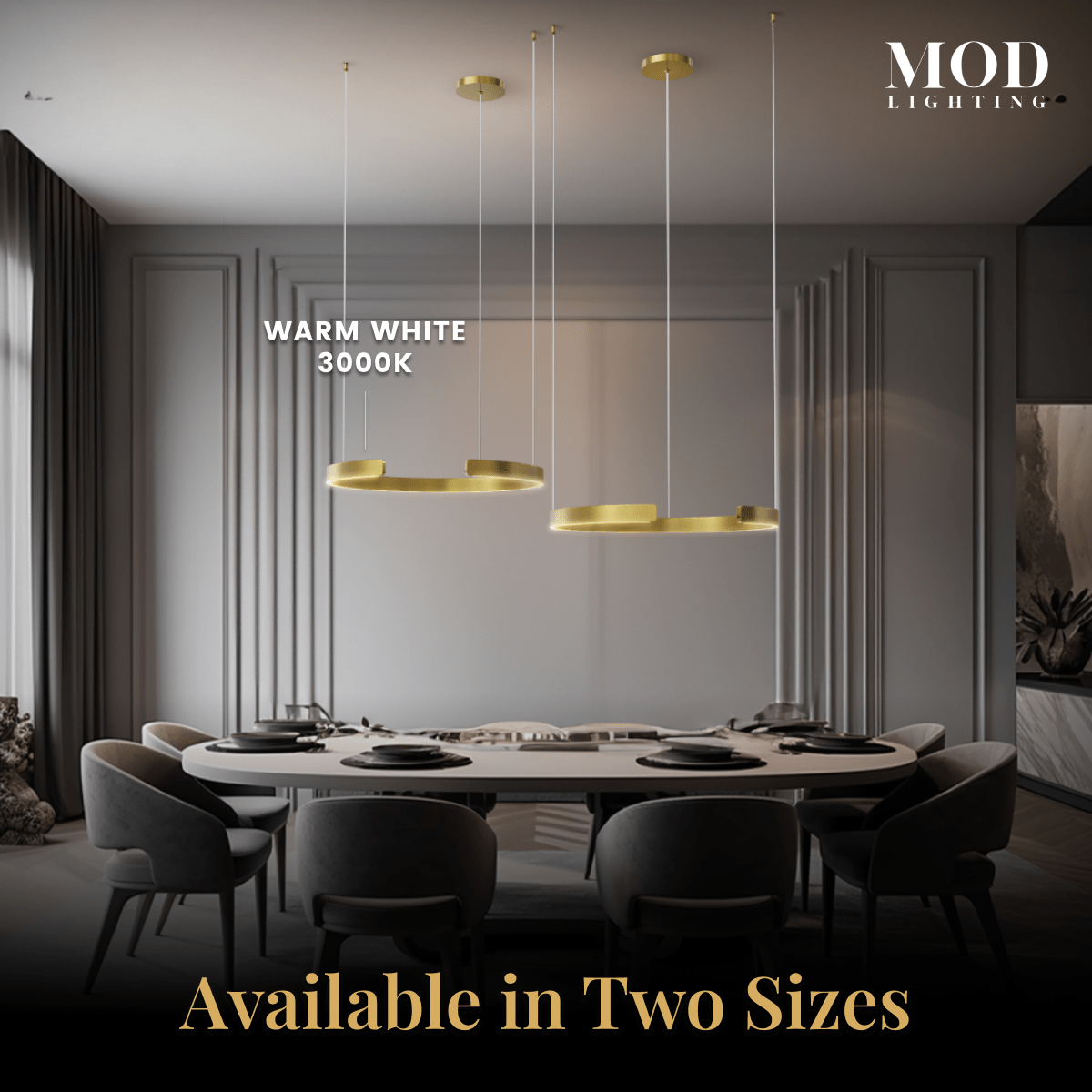 Ring chandelier in gold, two circular band pendants over a dining table with warm white light in a grey room