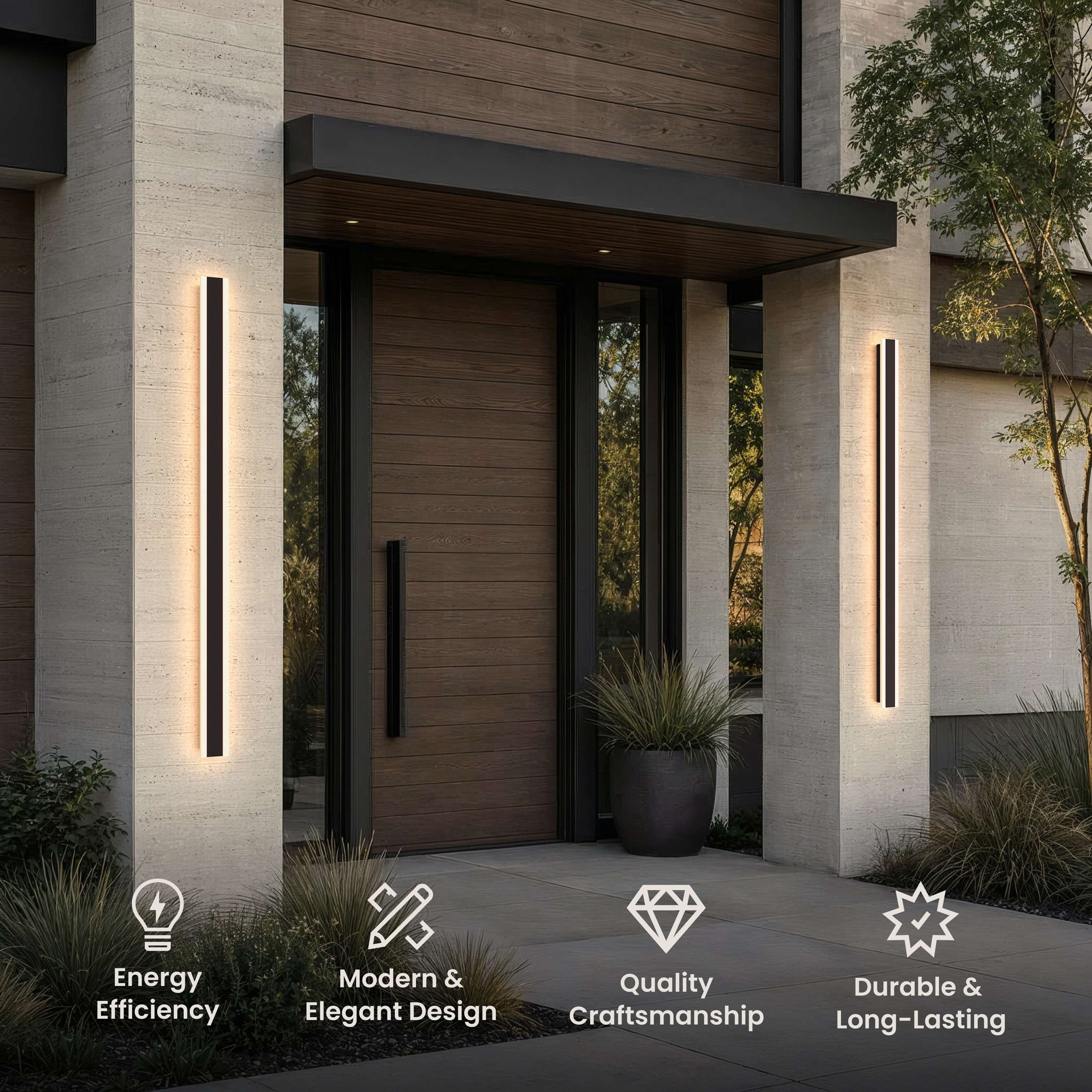 Haylen black LED bar wall lights flanking a modern front door, with energy, design and durability icons