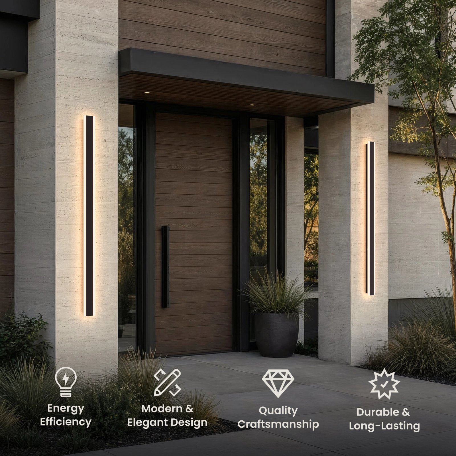Haylen black LED bar wall lights flanking a modern front door, with energy, design and durability icons