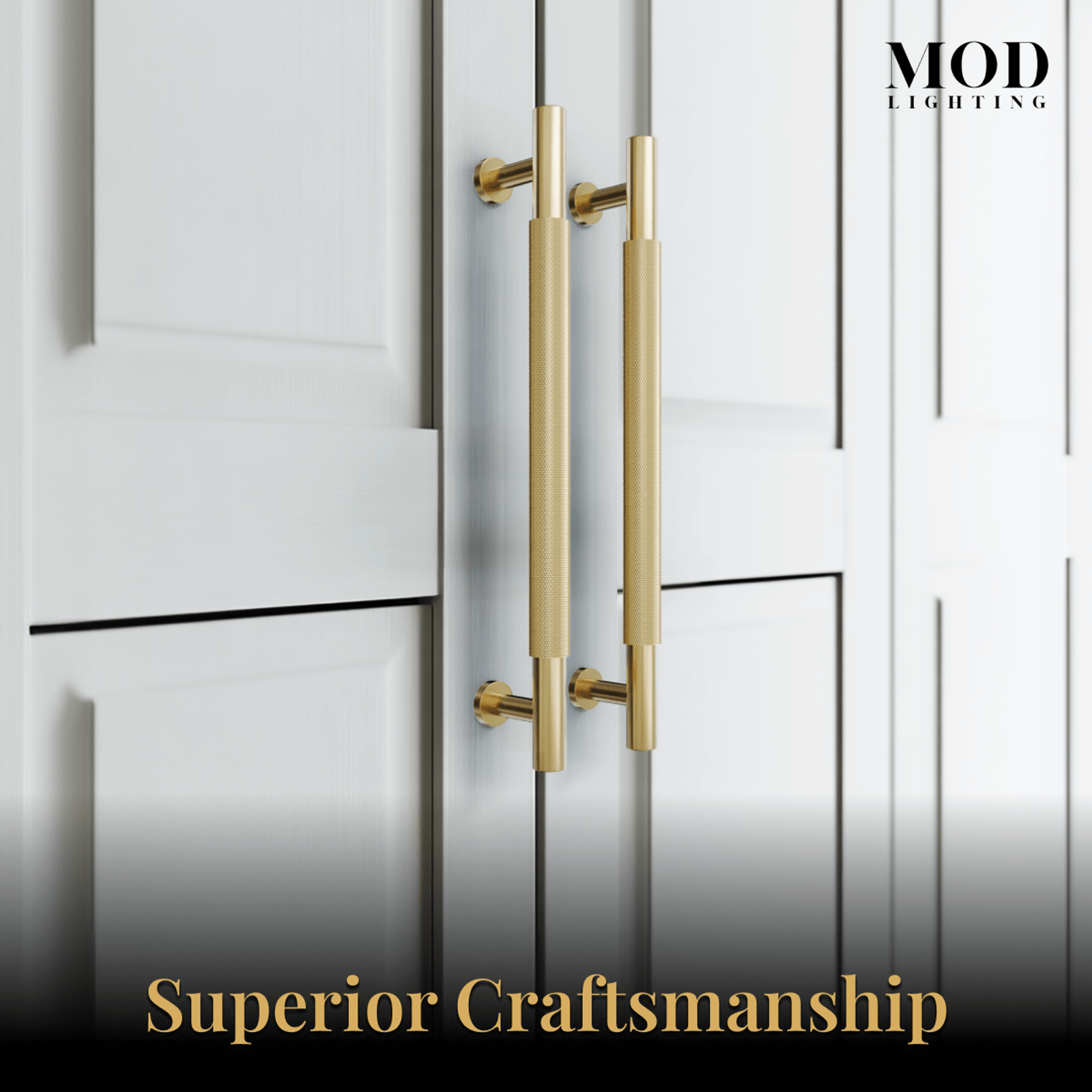 Two Wellesley brushed-gold knurled bar cabinet pulls mounted on white shaker cabinet doors