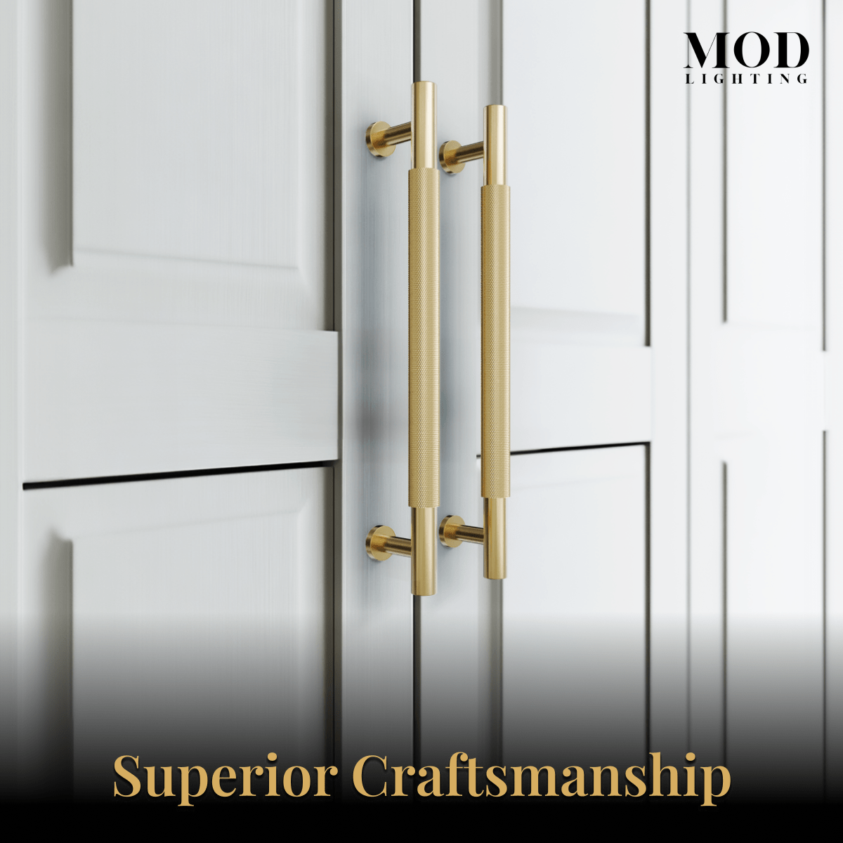 Two Wellesley brushed-gold knurled bar cabinet pulls mounted on white shaker cabinet doors