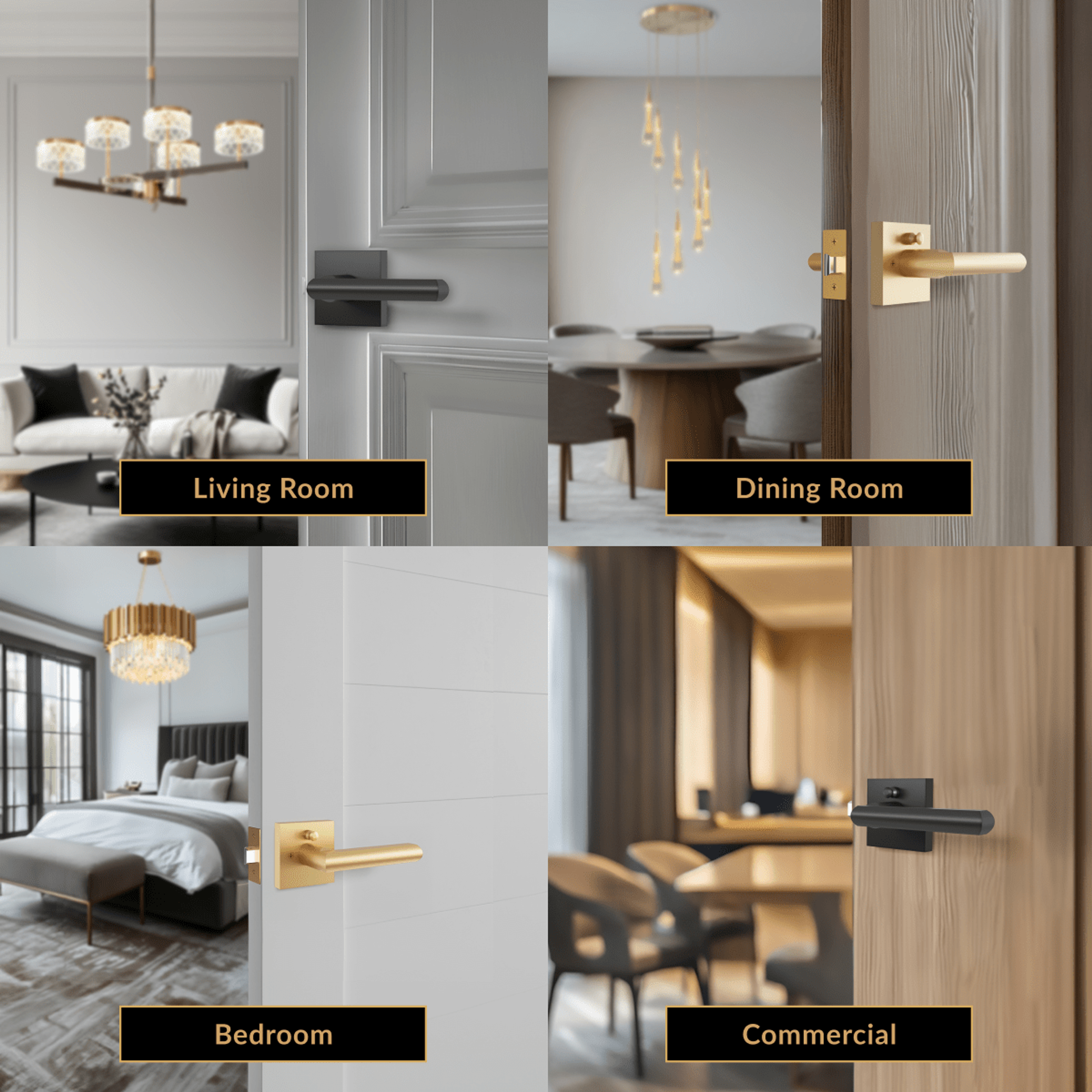 Lennox modern door handle, black and brushed-gold levers shown in living, dining, bedroom and commercial rooms