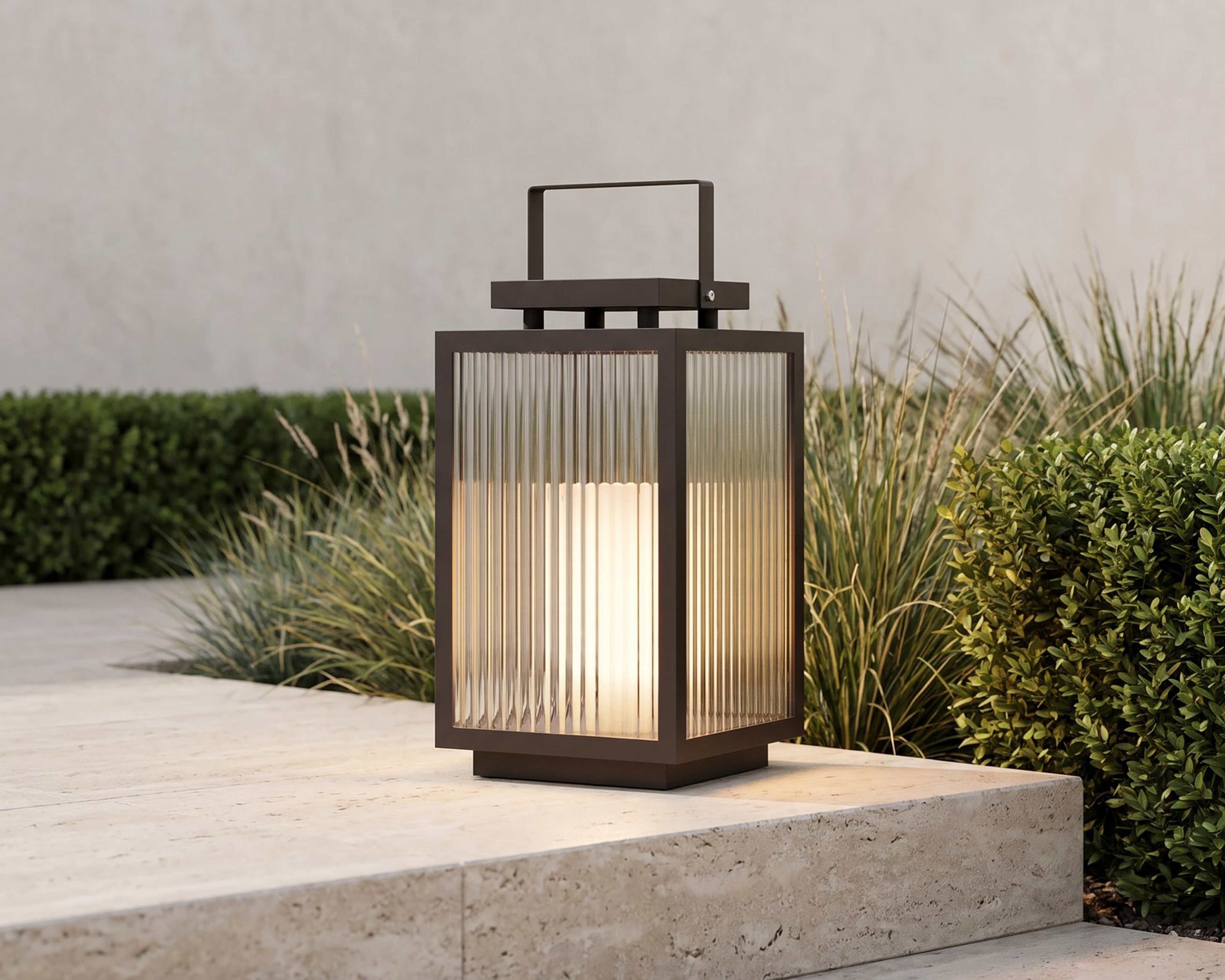 Beacon, a fluted glass lantern, on a terrace step