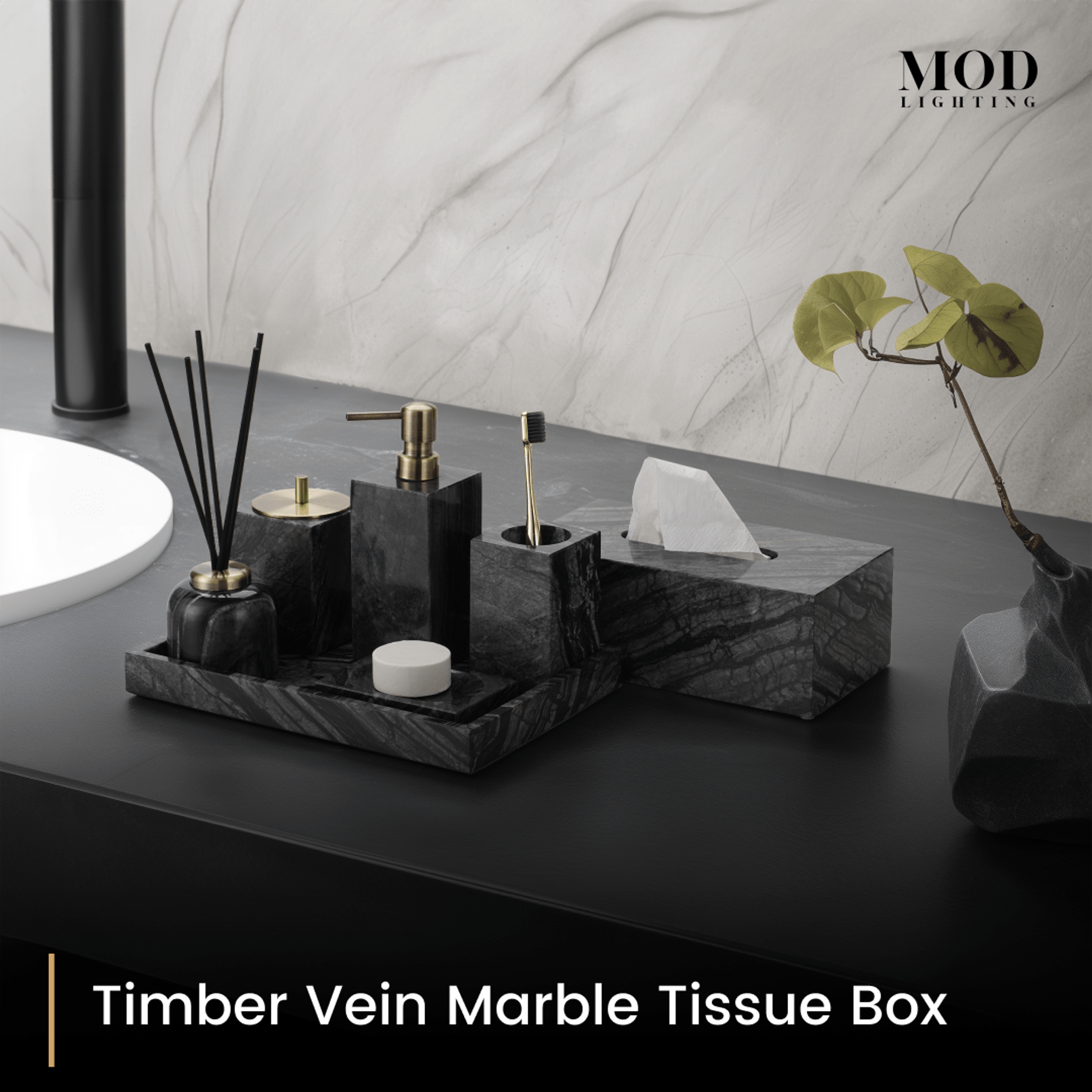 Timber Vein Marble Tissue Box and full black veined-marble bath set arranged on a tray on a dark vanity